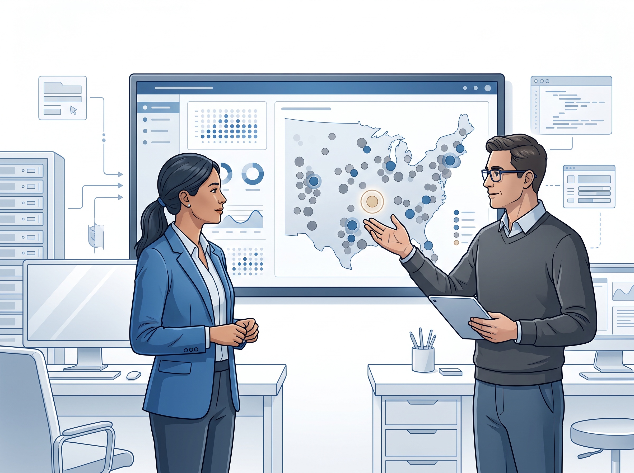A practice manager and IT professional reviewing a sign-in activity dashboard with one anomaly highlighted