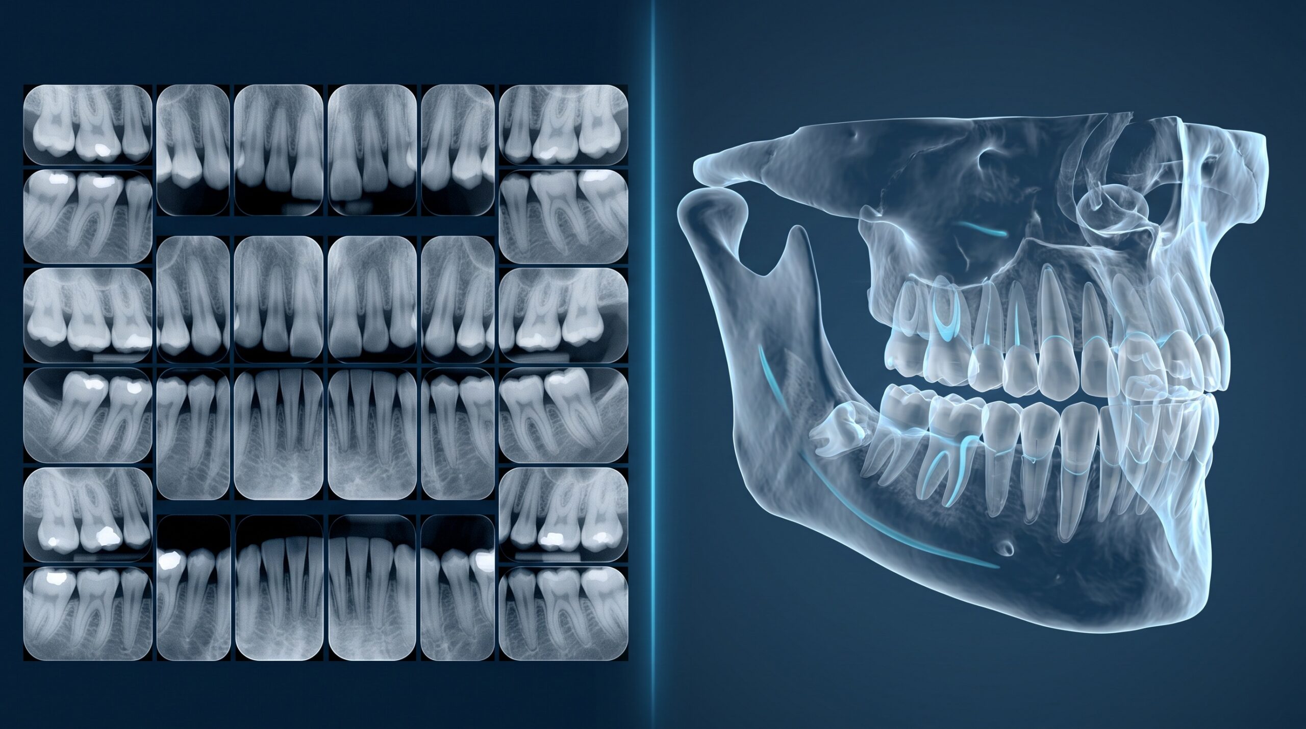 A flat grid of two-dimensional dental x-rays on the left beside a glowing three-dimensional cone-beam CT reconstruction of a jaw on the right