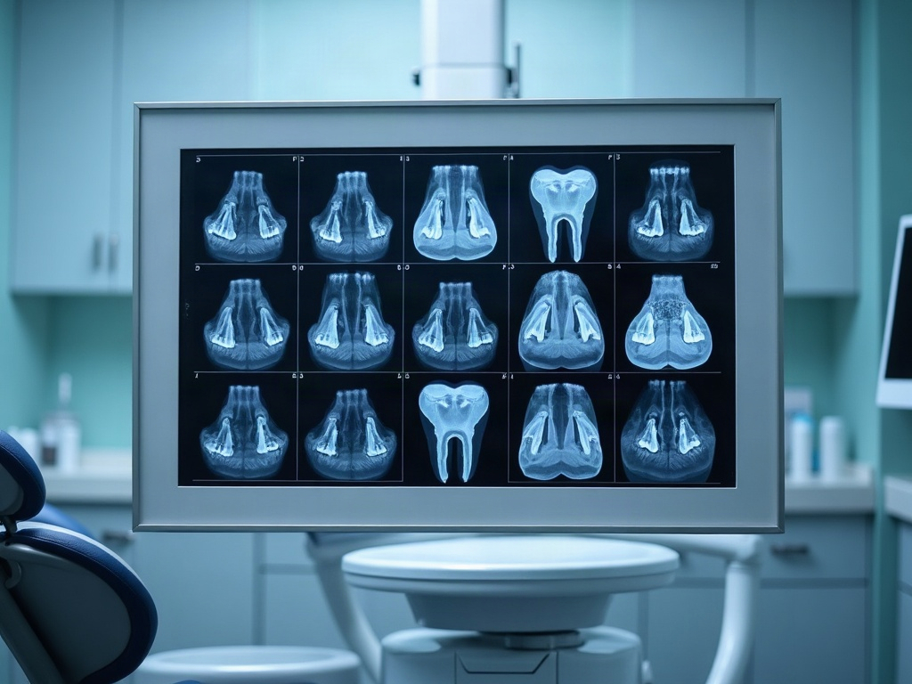 A full-mouth series of about eighteen small grayscale intraoral dental radiographs arranged in a mounted template on a backlit panel