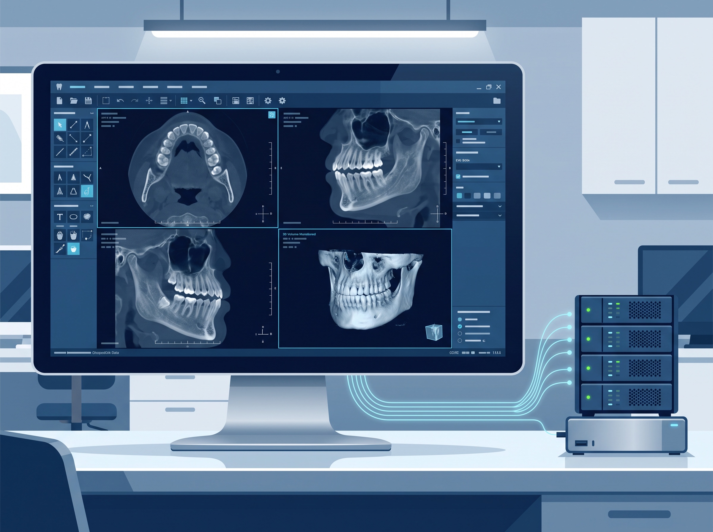A dental cone-beam CT volume shown in a DICOM viewer on a workstation, with data lines flowing to a server and backup drive