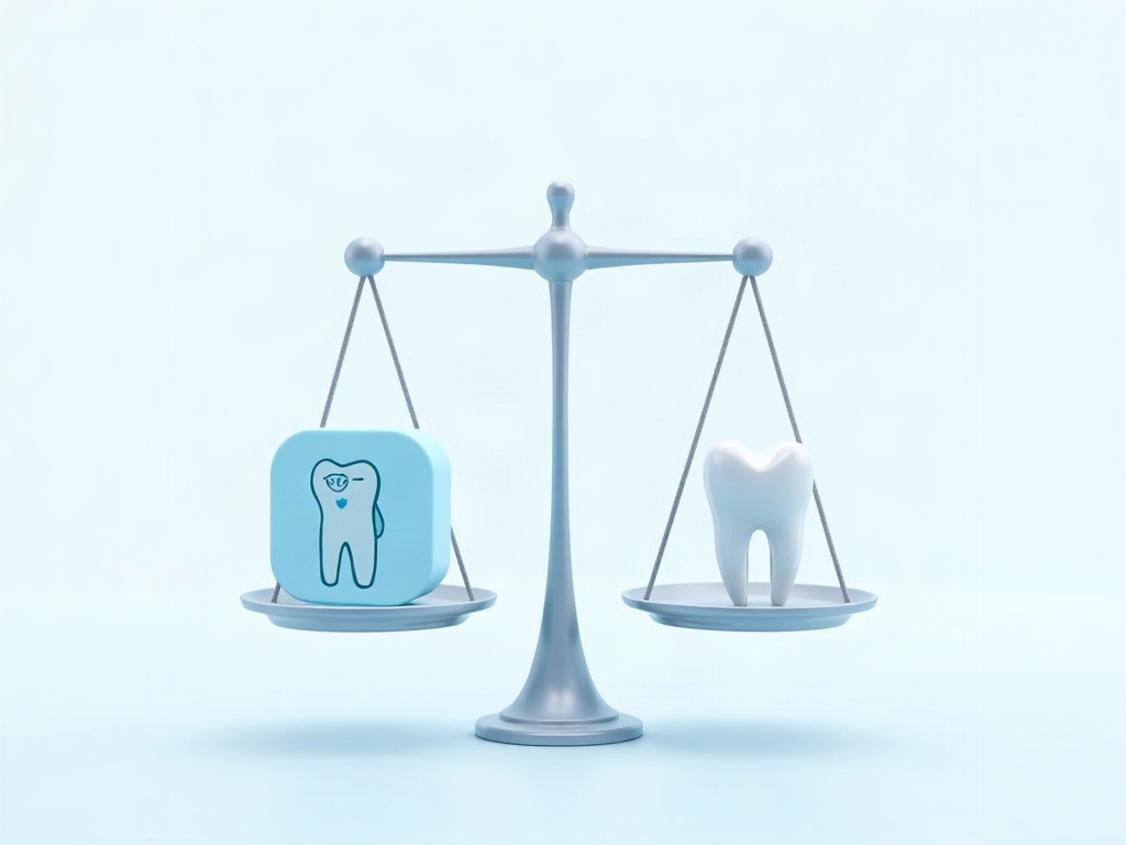 A clinician at a decision fork between a 2D x-ray path and a 3D cone-beam path, with a balance-scale motif