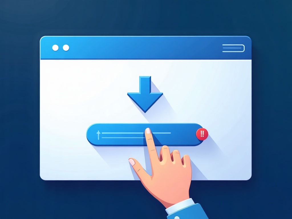 An abstract fake download page with a large blue download button and a deceptive copy-and-paste instruction box, with a faint red malware shadow waiting behind the button