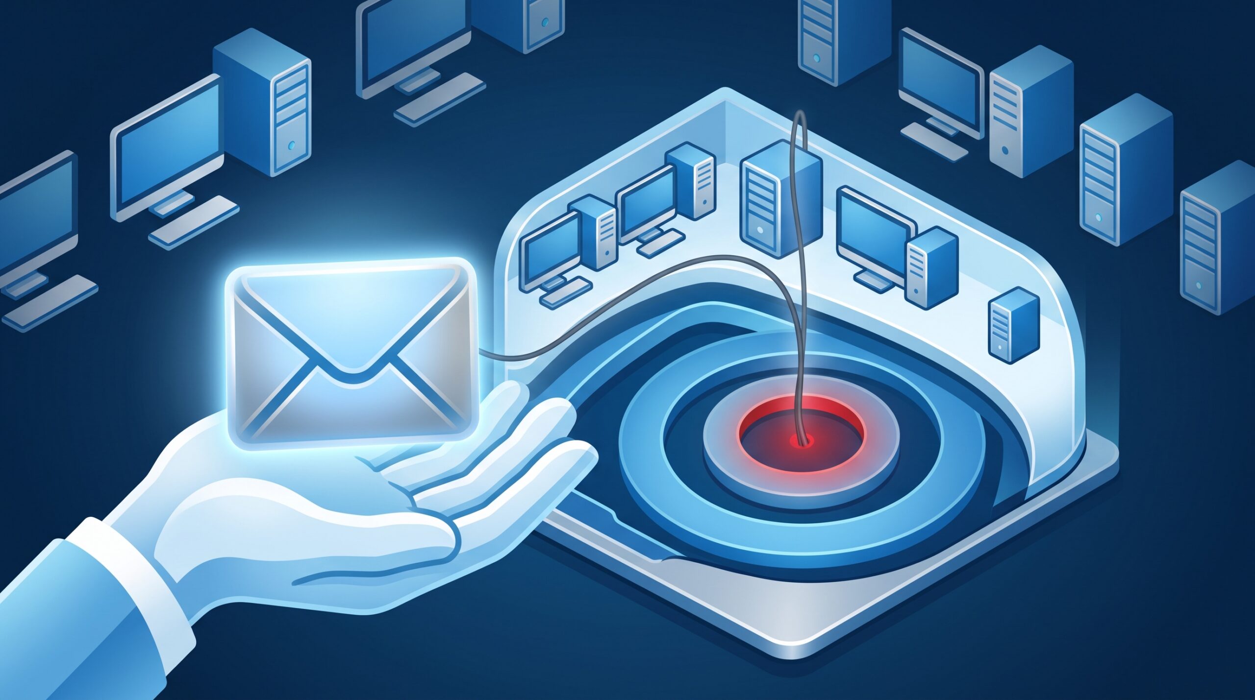 An inviting job-offer message in an open hand, with a dark thread running from it down into a computer and piercing a red-glowing inner kernel core