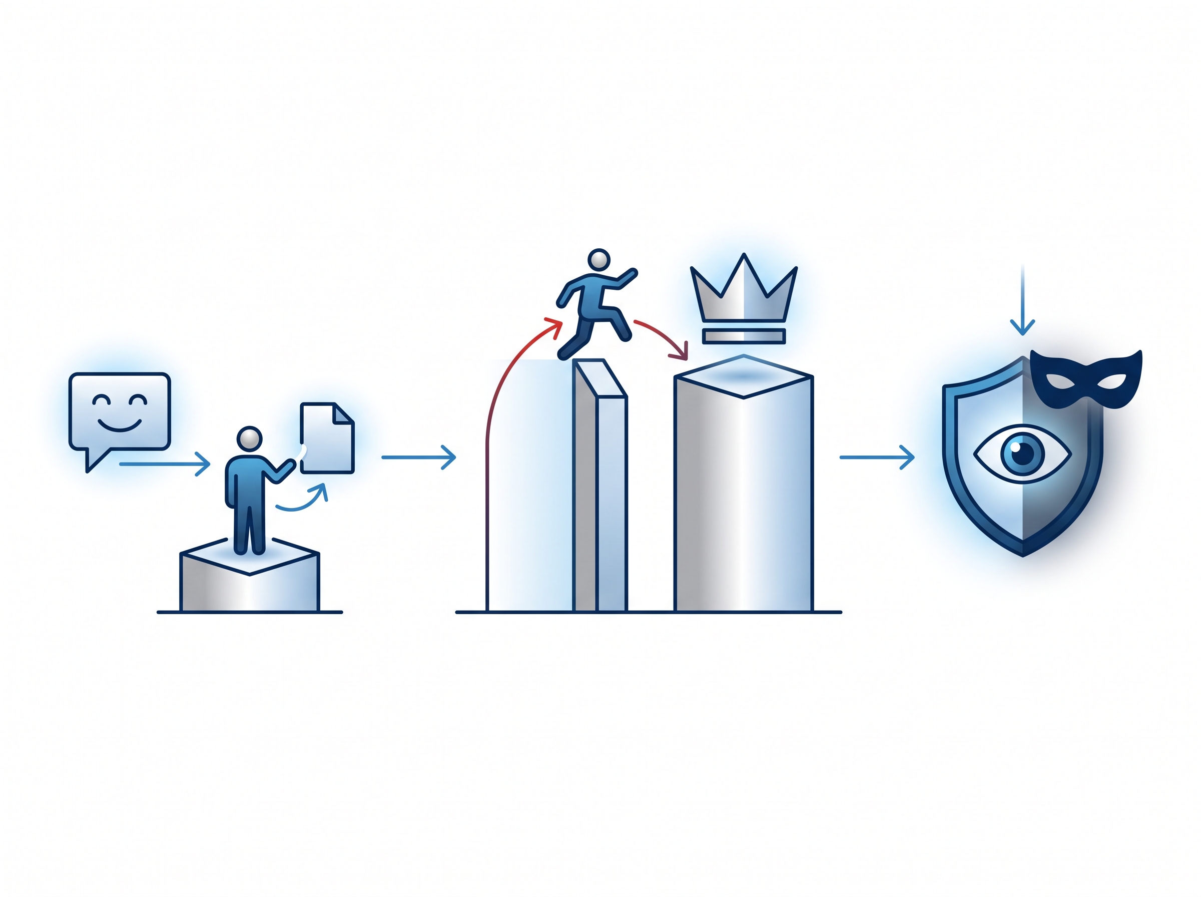 A three-stage diagram: a social-engineering lure runs code as a normal user, a privilege-escalation flaw vaults it to SYSTEM control, and a rootkit blinds the security tools