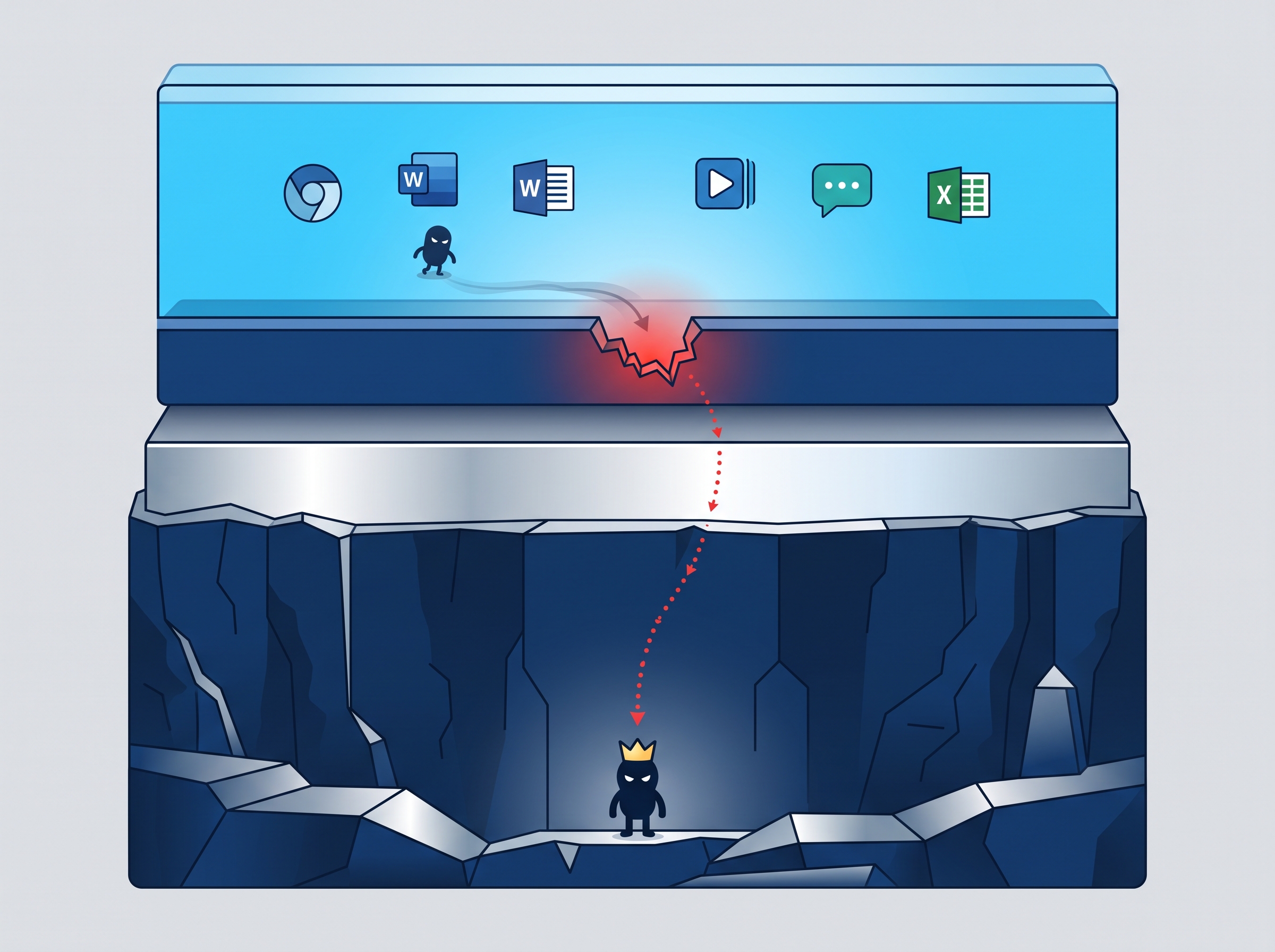 A layered cross-section of a computer showing an intruder that punched down from the application layer into the deep kernel foundation beneath everything else