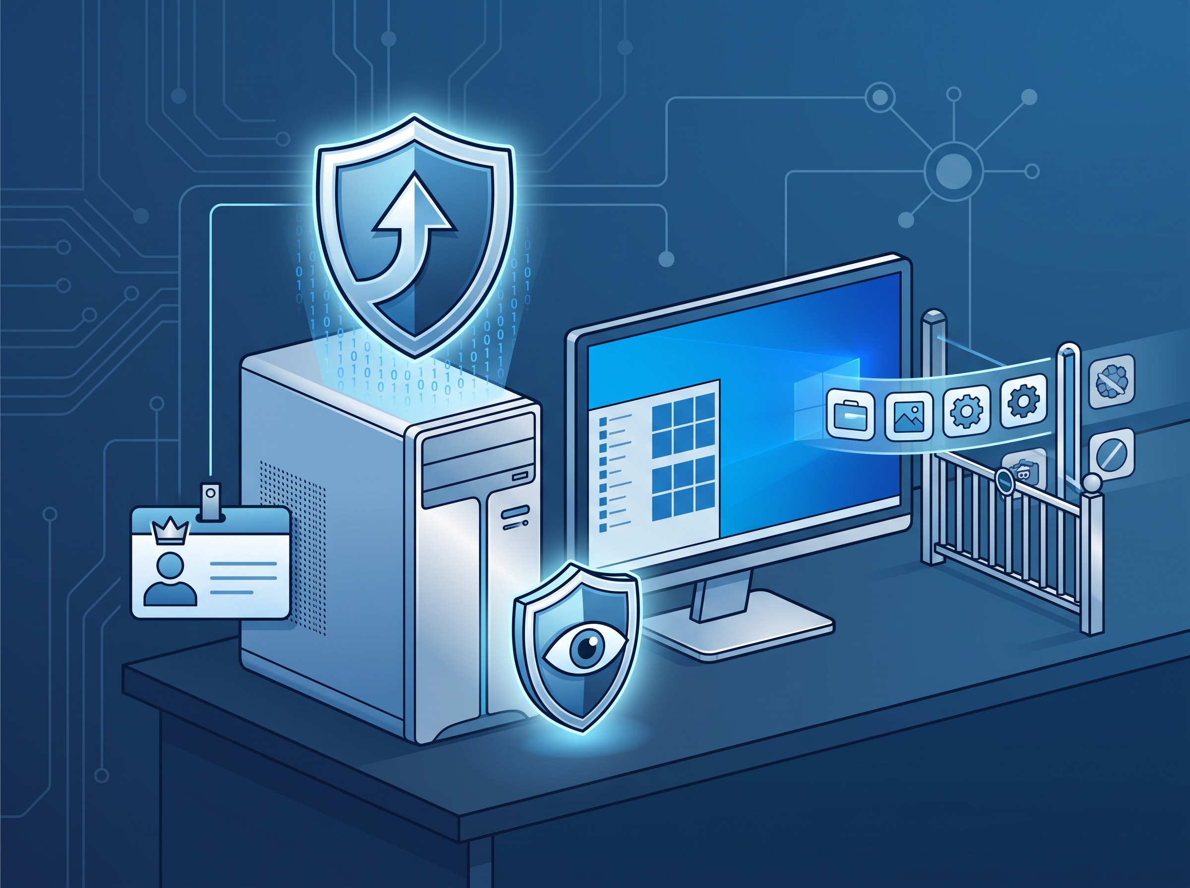 A workstation being patched, running as a standard user rather than administrator, with active endpoint protection and an application allow-list gate