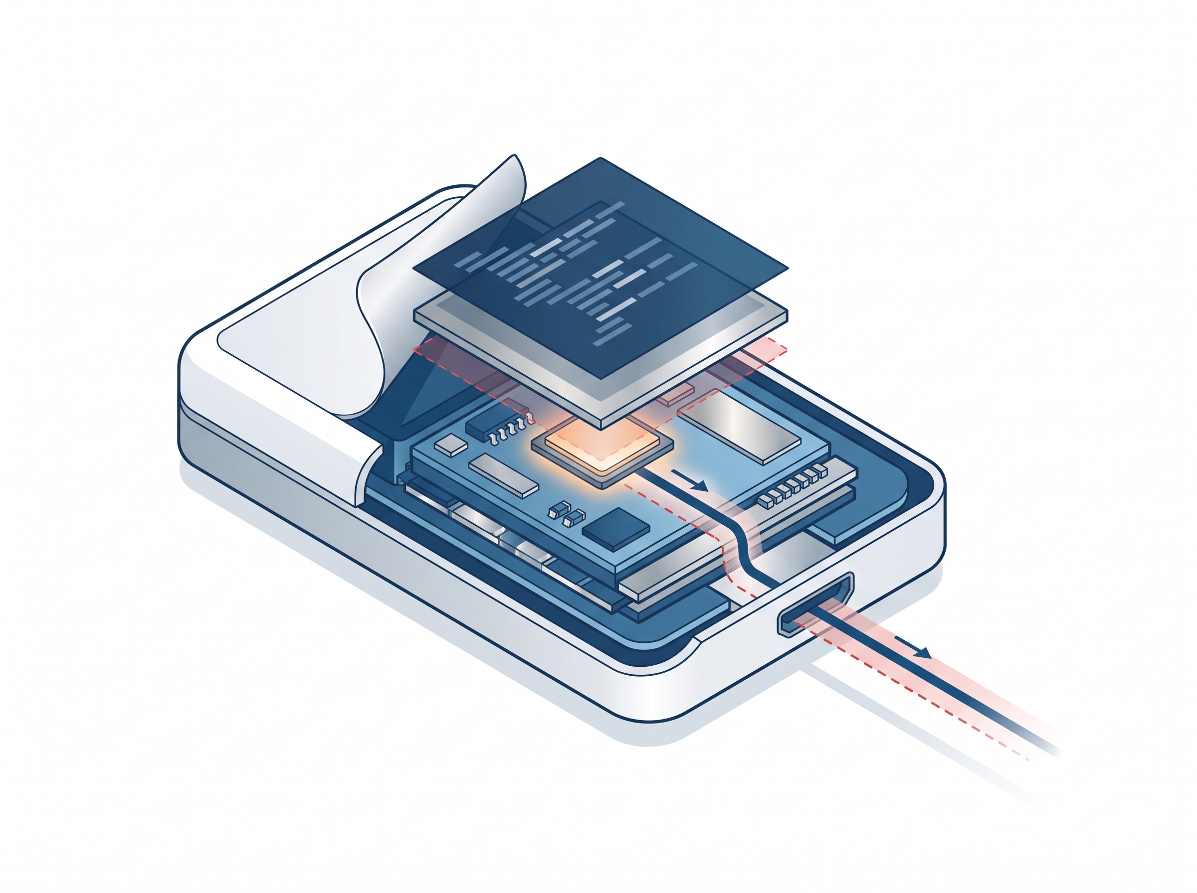 Cross-section of a networked medical device showing layered firmware and a chip, with a legitimate blue data line and a hidden dashed red channel leaving the device alongside it