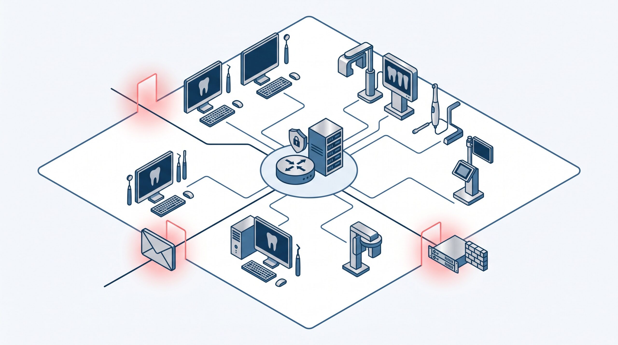 A dental network diagram with two glowing entry doors at the edge - an email envelope and a remote-access appliance - and an intruder line slipping inside