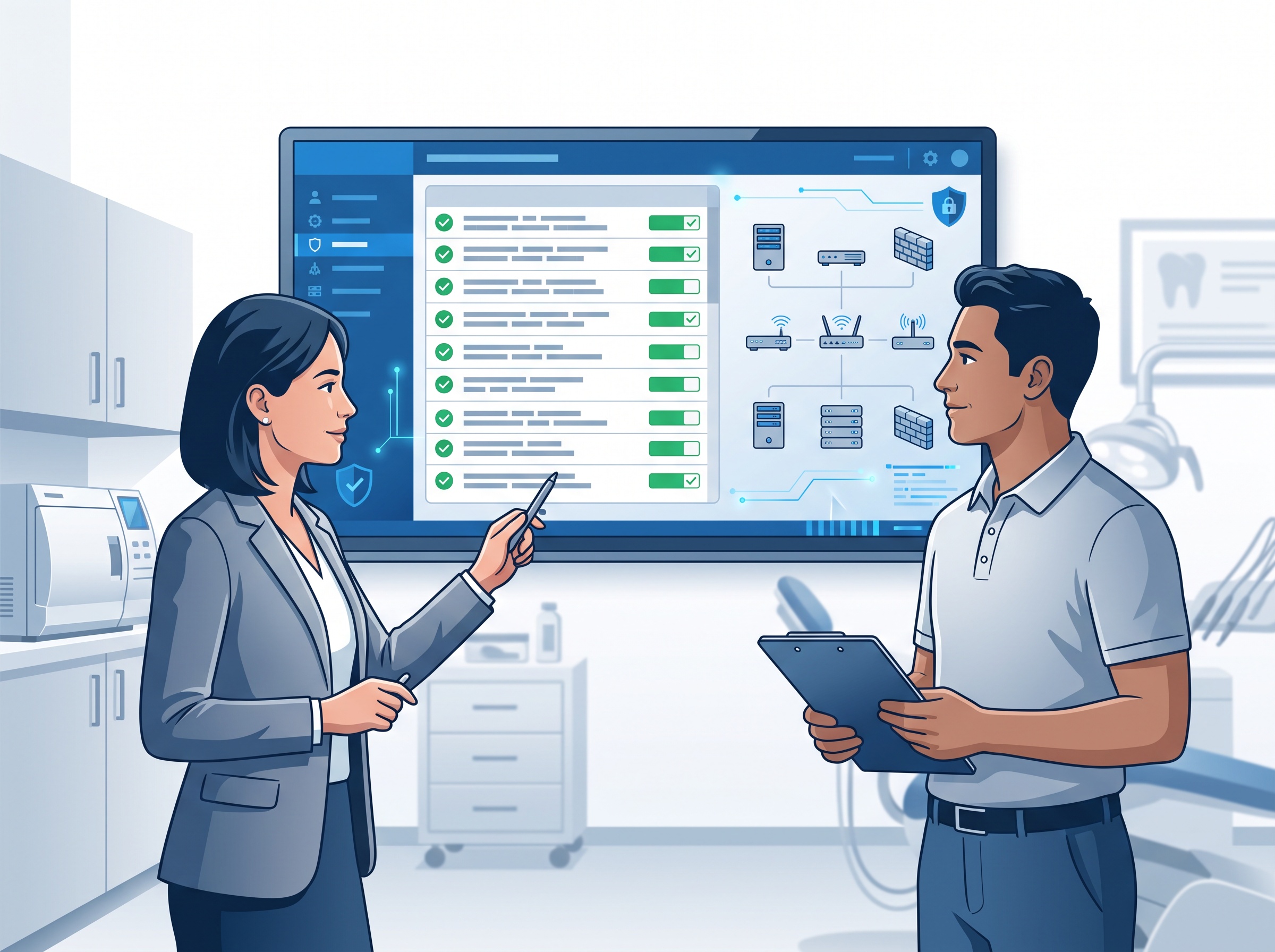 A practice manager and IT professional reviewing an orderly security hardening checklist with green status indicators on a monitor