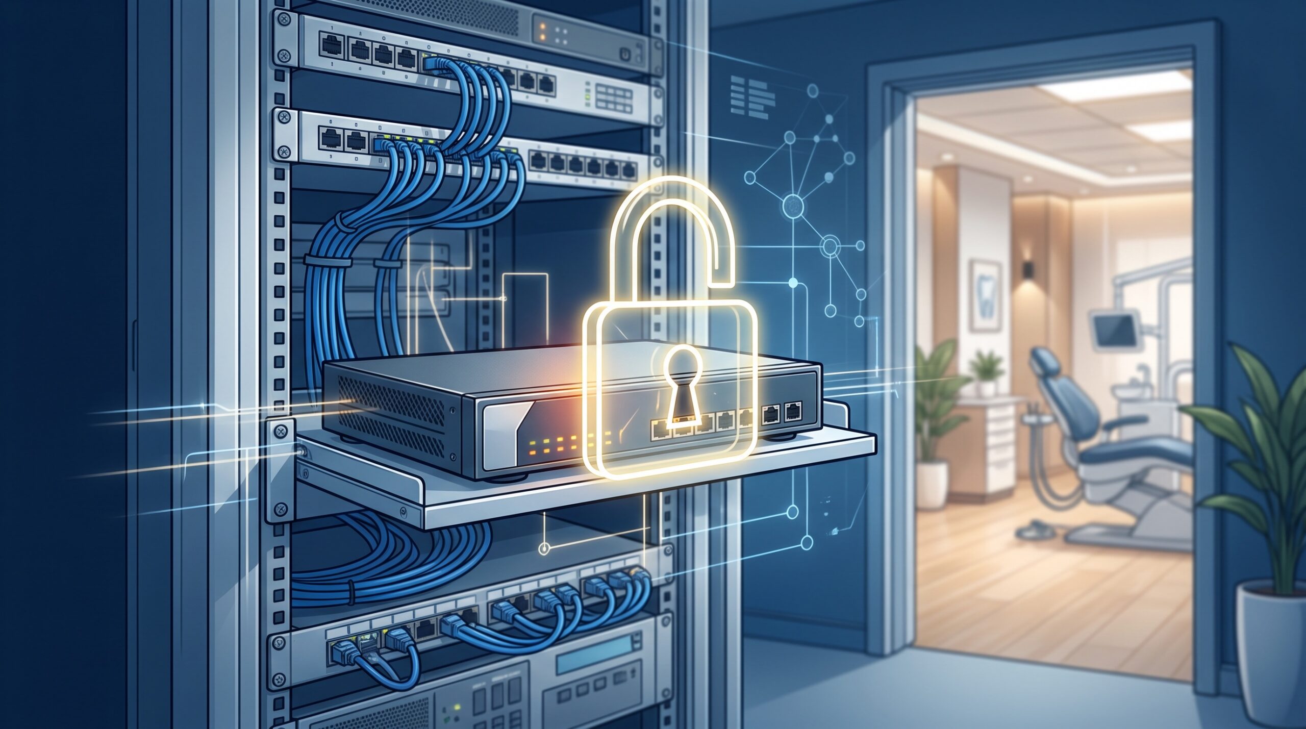A dental office network router with a subtle open-padlock motif suggesting a hidden backdoor
