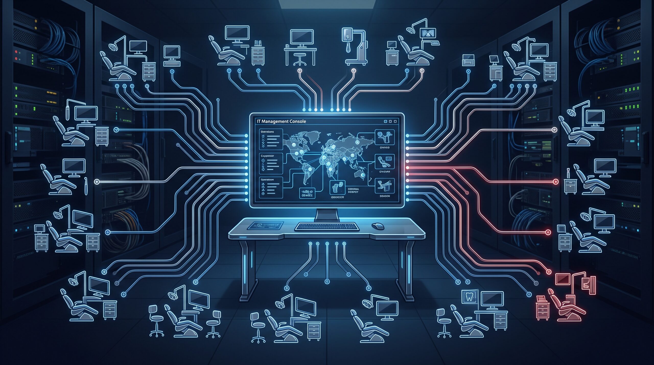 A central remote-management console connected by glowing lines to many dental office devices, with one connection subtly compromised