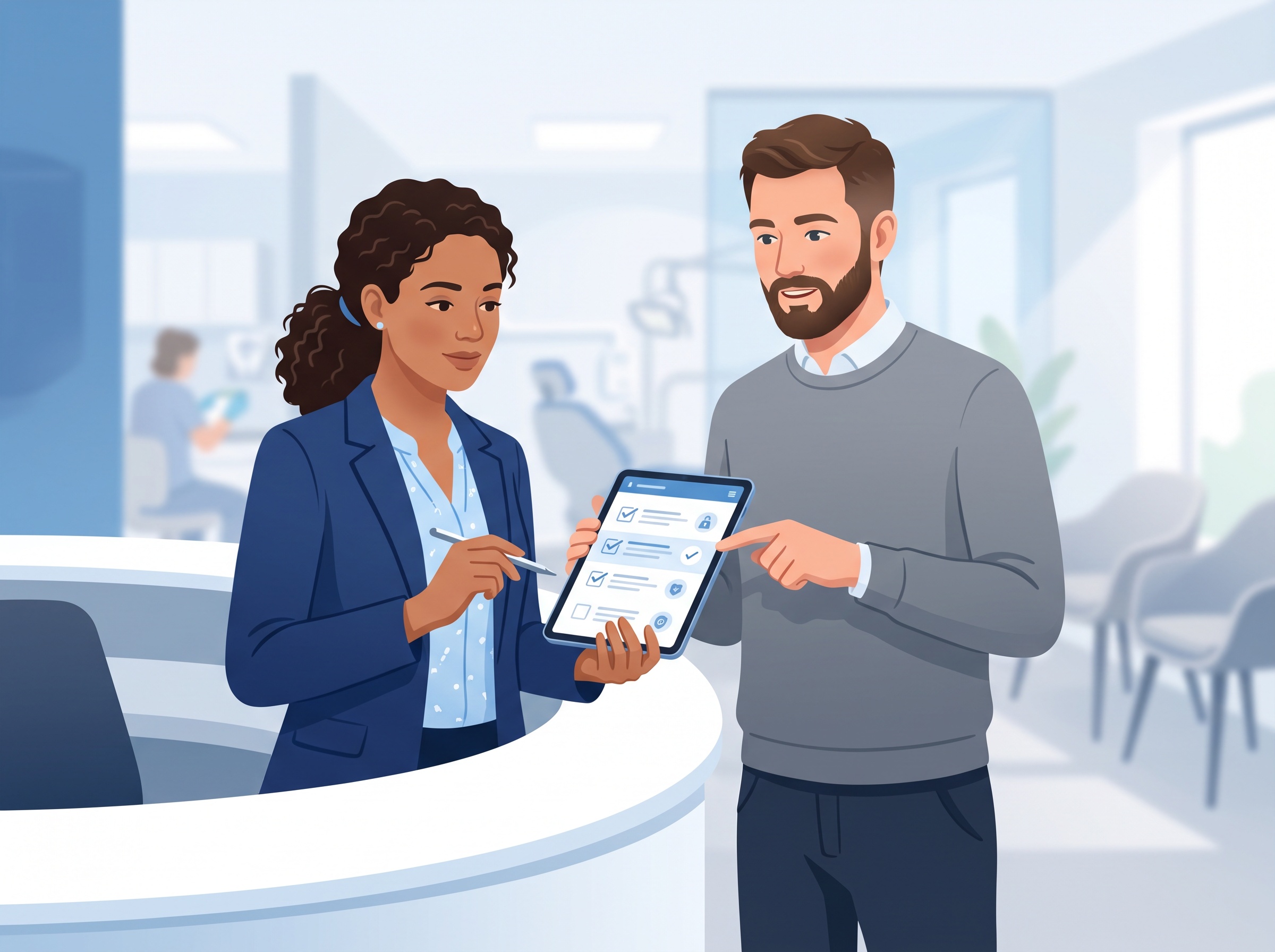 A practice manager and IT professional reviewing a security checklist on a tablet in a dental office