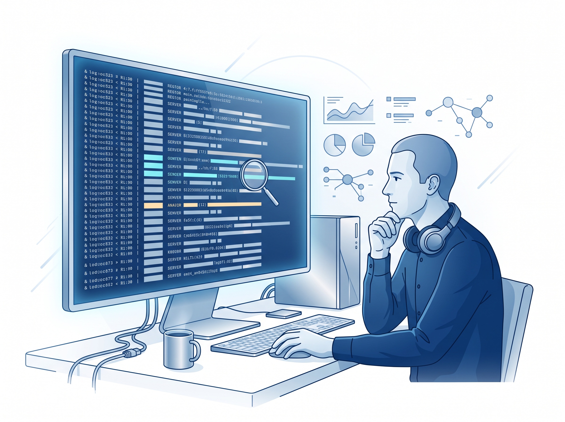 An administrator reviewing scrolling server log lines on a monitor with a few anomalous entries highlighted under a magnifying glass