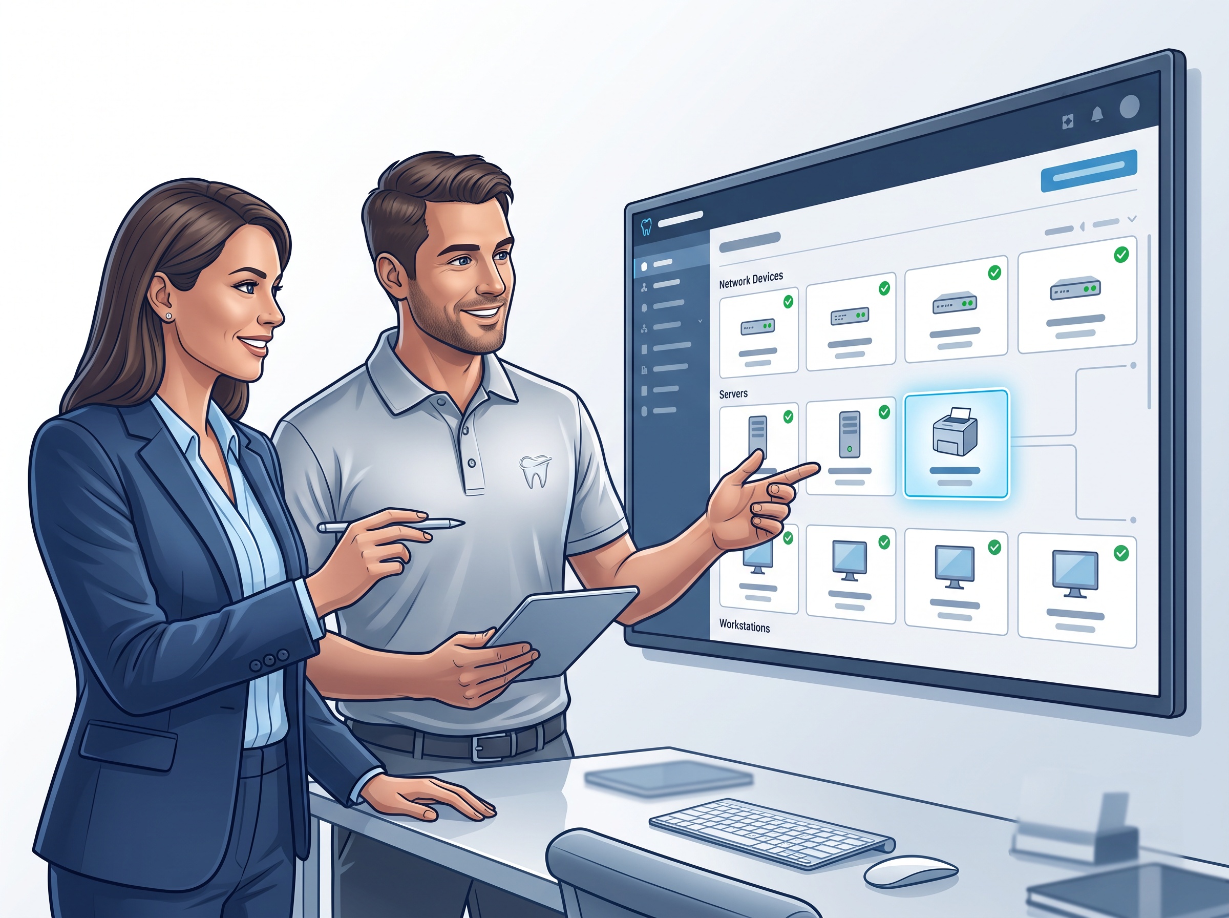 A practice manager and IT professional adding a print server to an orderly network inventory dashboard with green status indicators