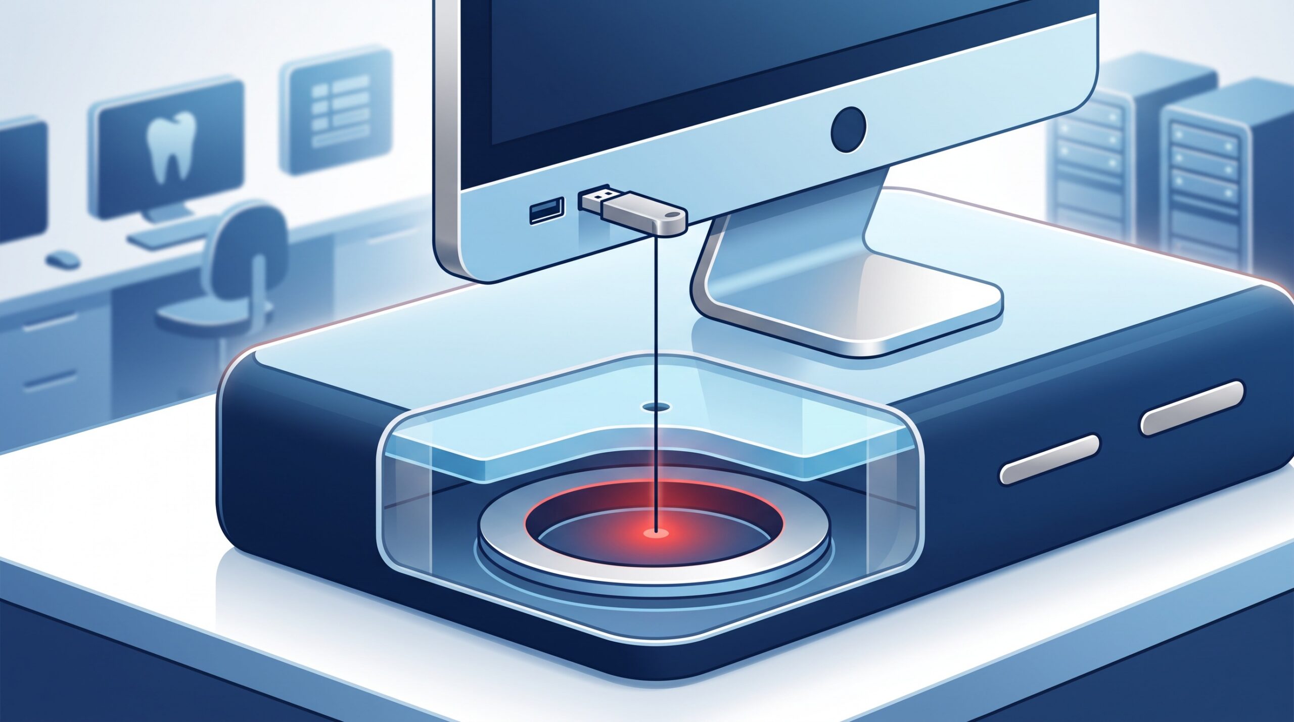 A plain USB stick inserted into an office computer, with a dark thread running down from the plug and piercing a red-glowing inner kernel core