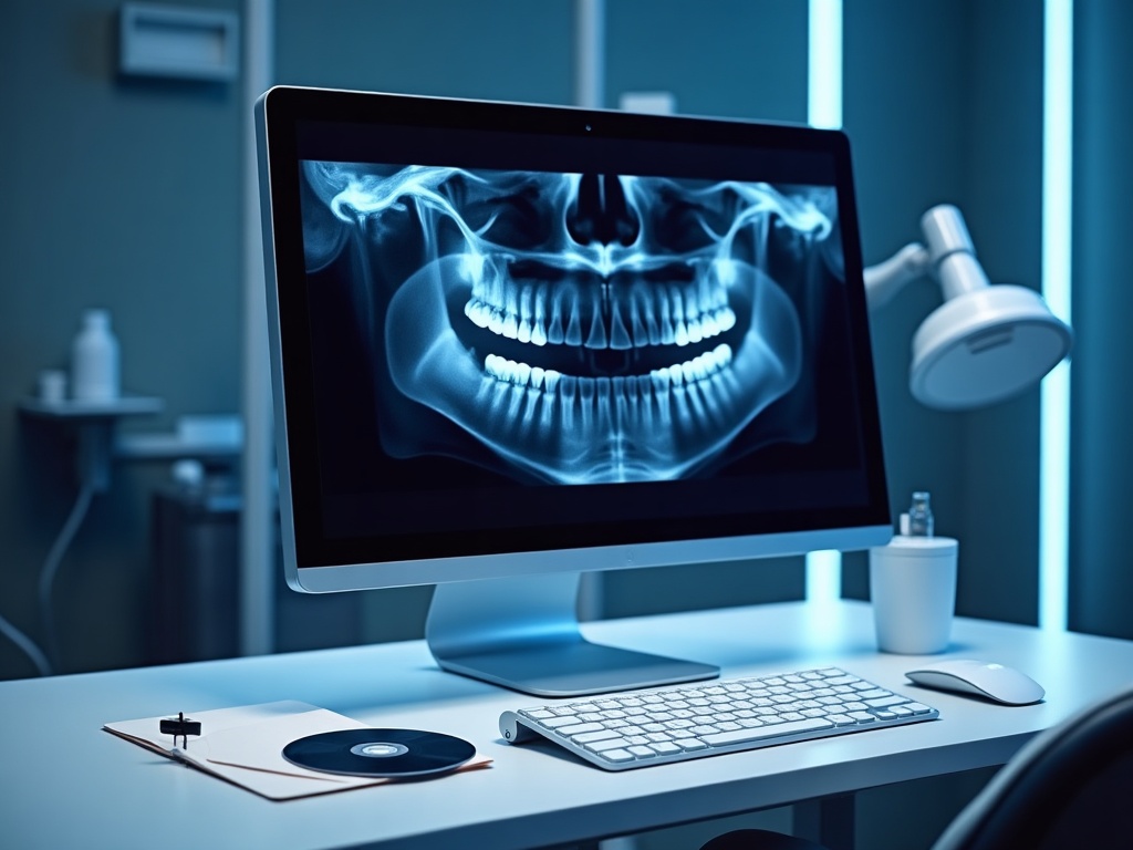 A dental front-office workstation with a patient CD, a USB stick and an envelope beside it, the screen showing a panoramic X-ray