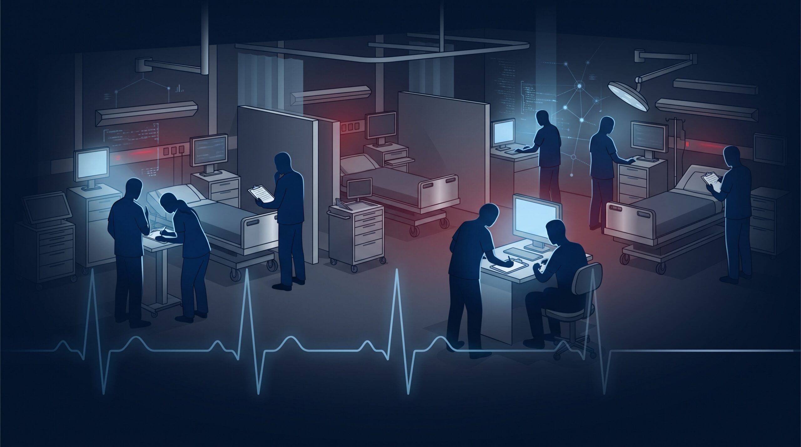 A dimmed hospital emergency department during a ransomware outage, clinicians working without access to data