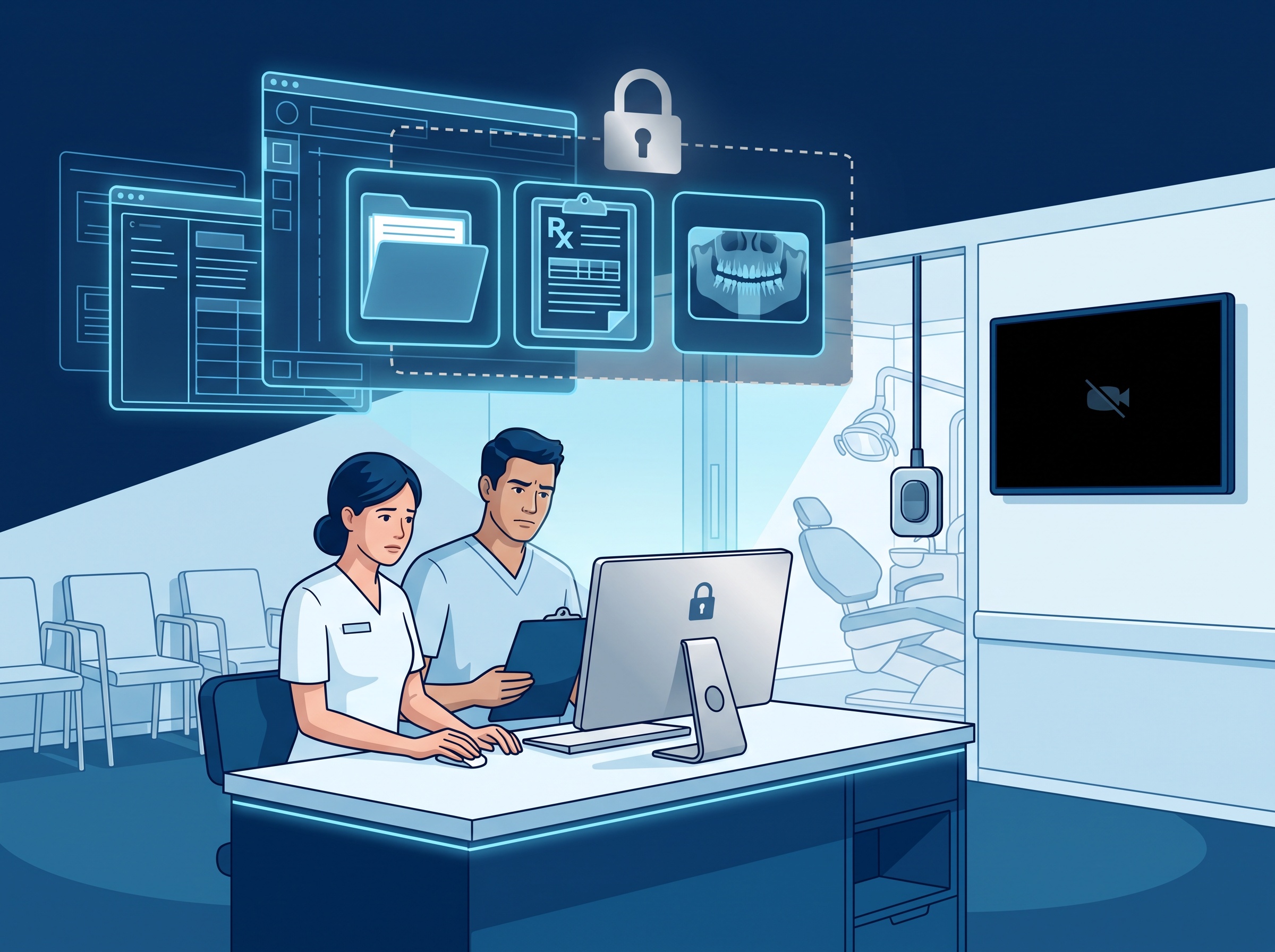 A dental practice front office offline during an attack, patient charts and imaging shown as inaccessible