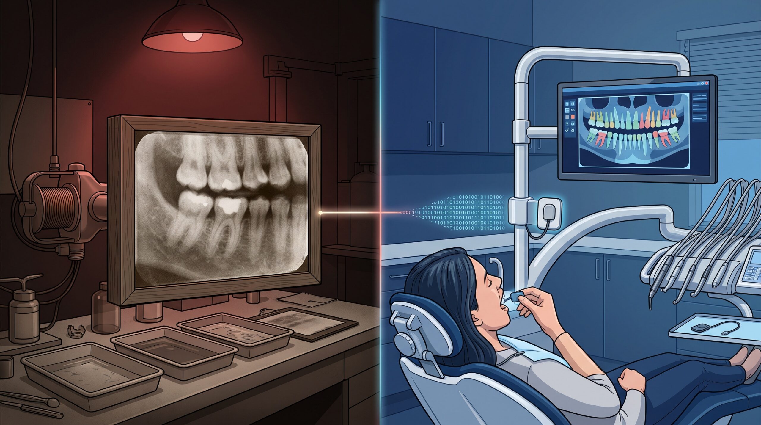 A split image contrasting an early X-ray glass plate and darkroom with a modern digital dental sensor and monitor, connected by a data line