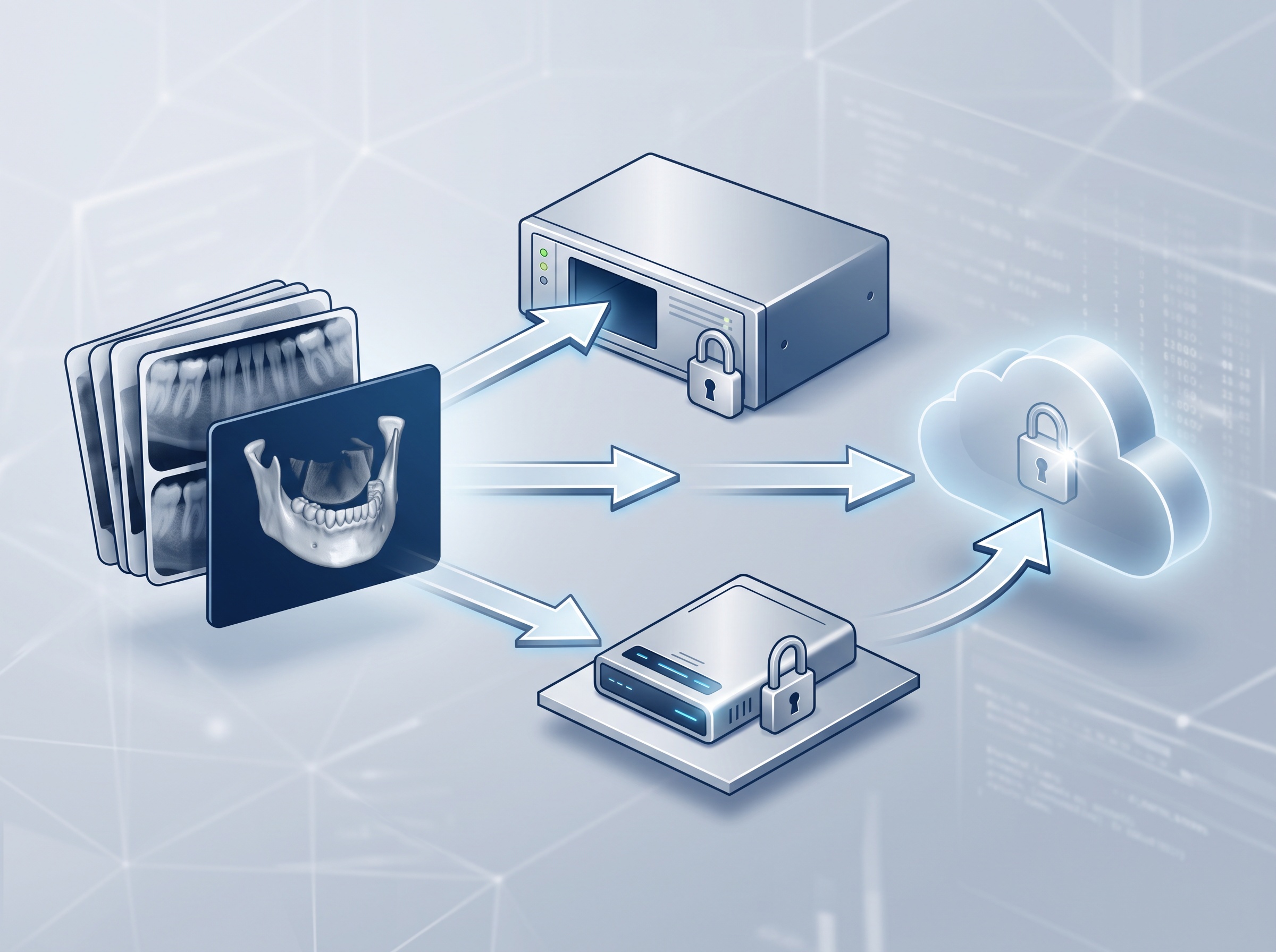 An illustration of dental images copied into a local server, a separate on-site drive and an offsite cloud vault to show the 3-2-1 backup rule