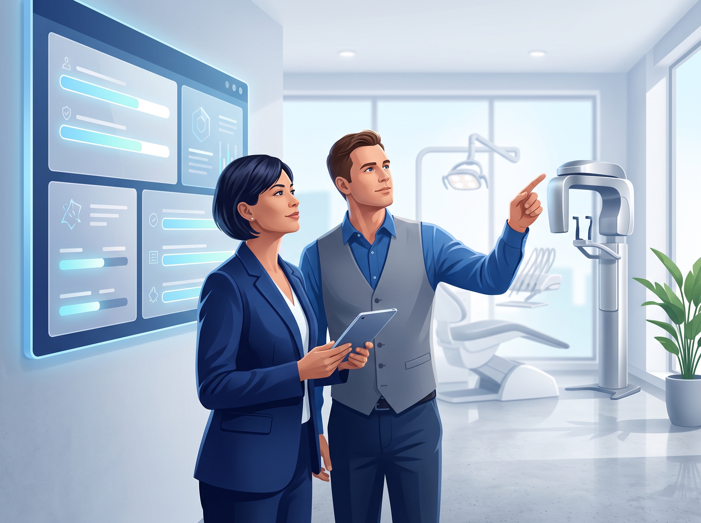 A dental practice owner and IT specialist reviewing a calm system-health dashboard in a modern office with imaging equipment in the background