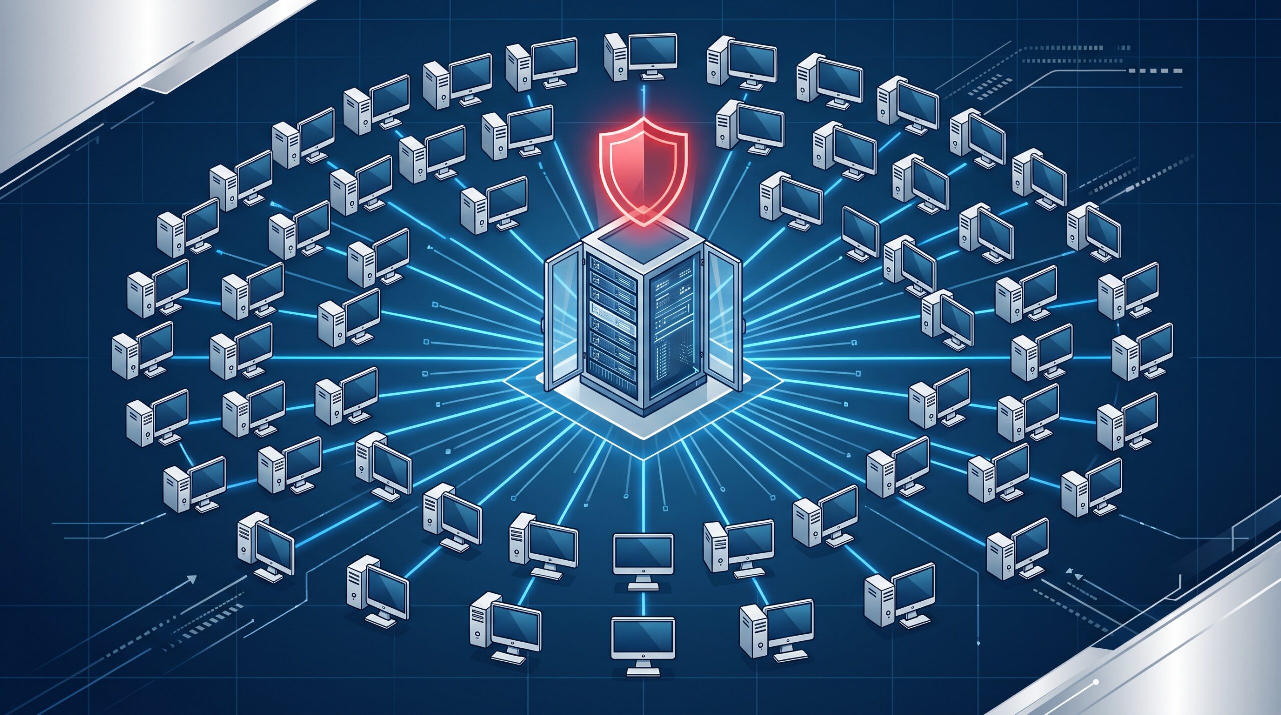A central management server distributing software to a large fleet of workstations, with a warning indicator over the hub