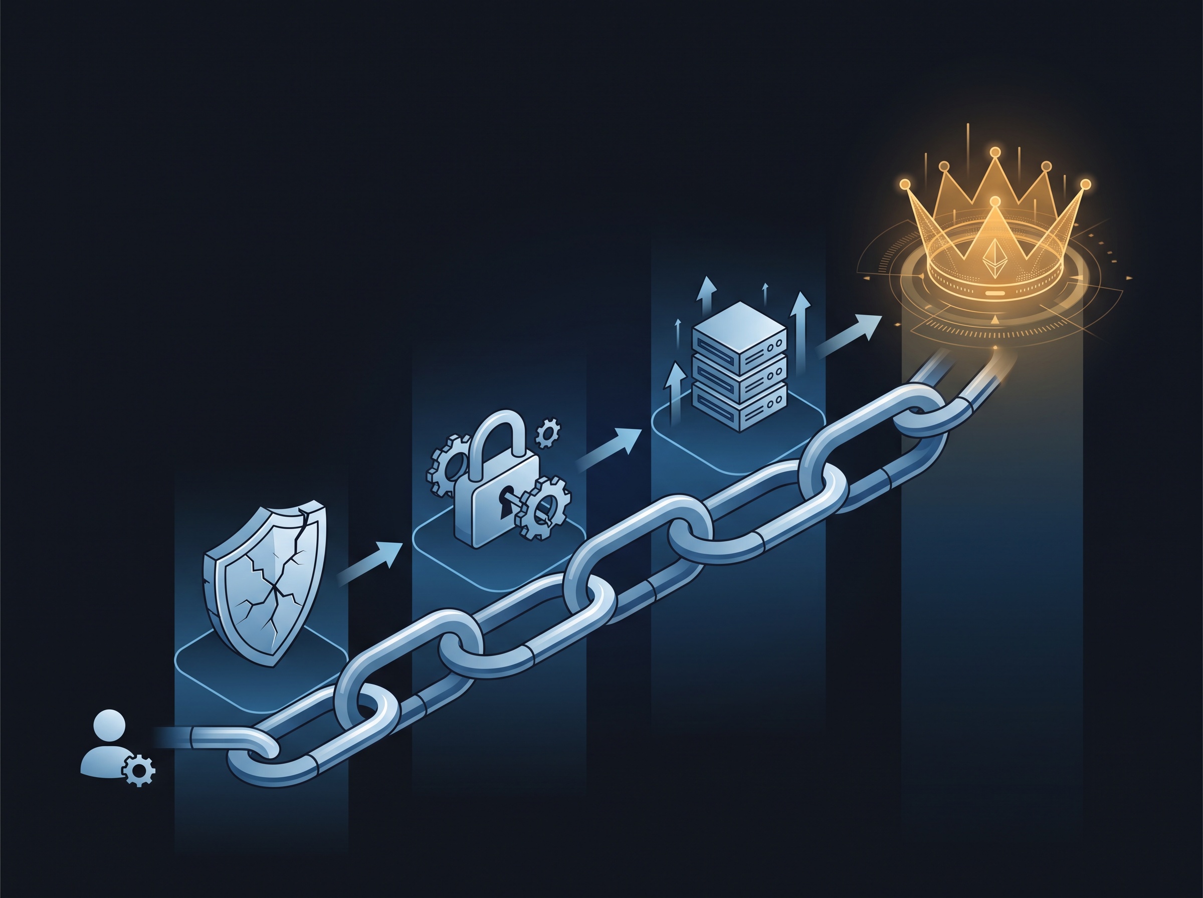 An abstract four-stage attack chain leading from a low-privilege user to full SYSTEM control