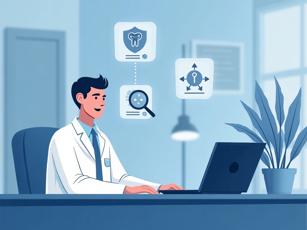 A dental practice IT decision-maker working through a response checklist: apply the update, hunt the logs for intruder traces, and rotate secrets