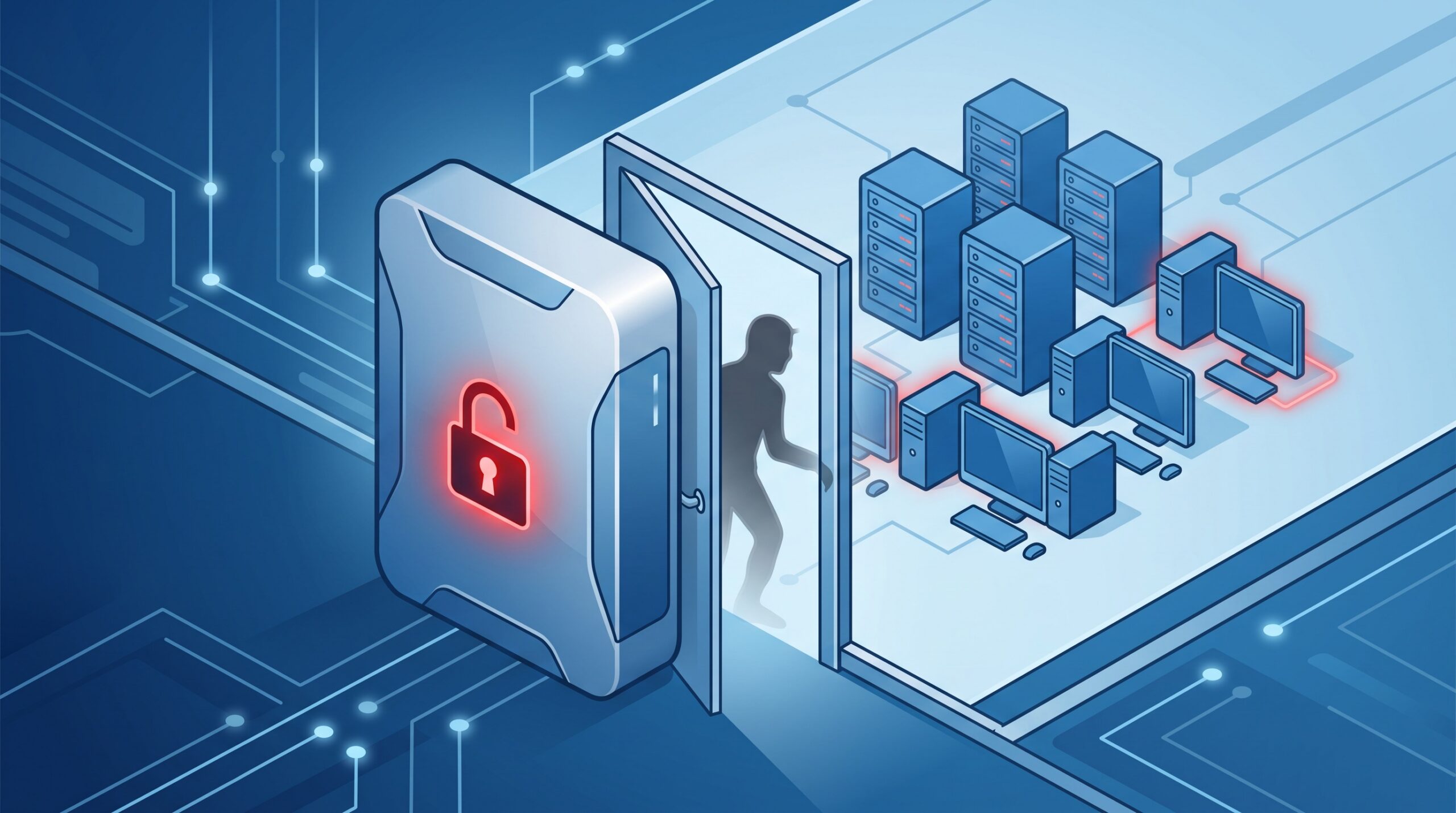 A network gateway appliance at the edge of a dental-practice network, its lock glowing red and swinging open as an intruder slips through toward the servers behind it