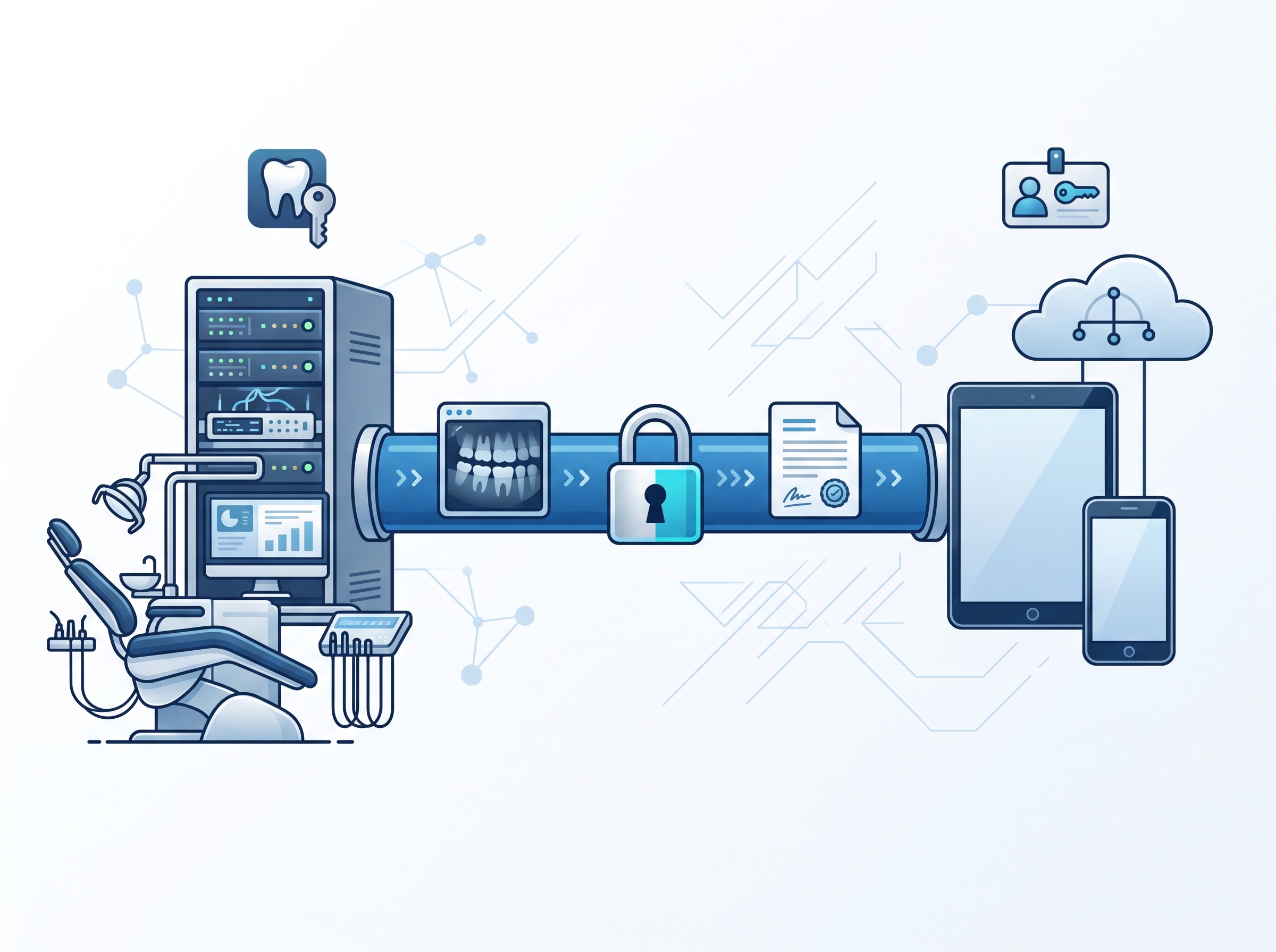 A dental practice server and a patient device linked by one sealed, padlocked encrypted channel, with an X-ray and a document passing safely through and an authenticated key badge at each end
