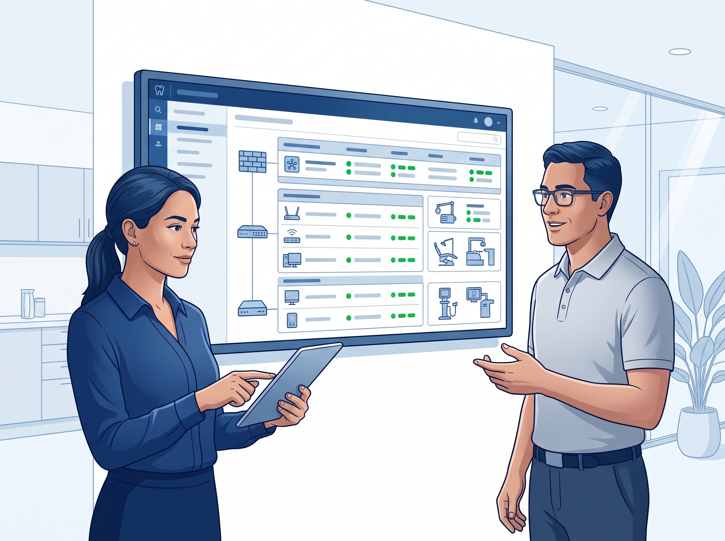 A practice manager and IT professional reviewing an orderly network inventory dashboard with green status indicators and segmented zones