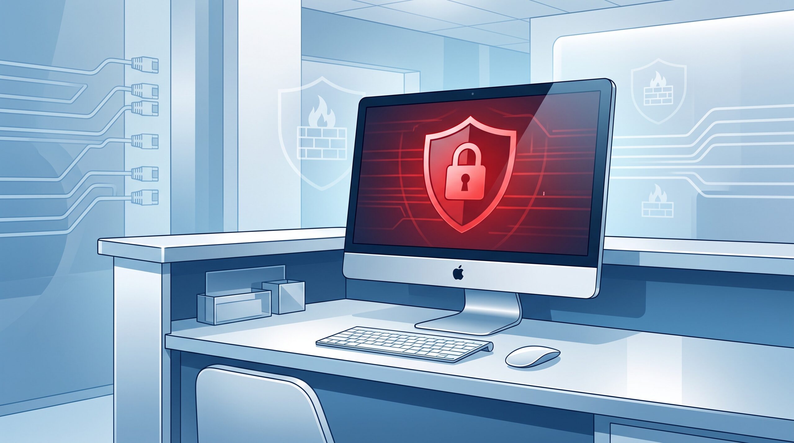 A dental front-desk workstation displaying an abstract security warning