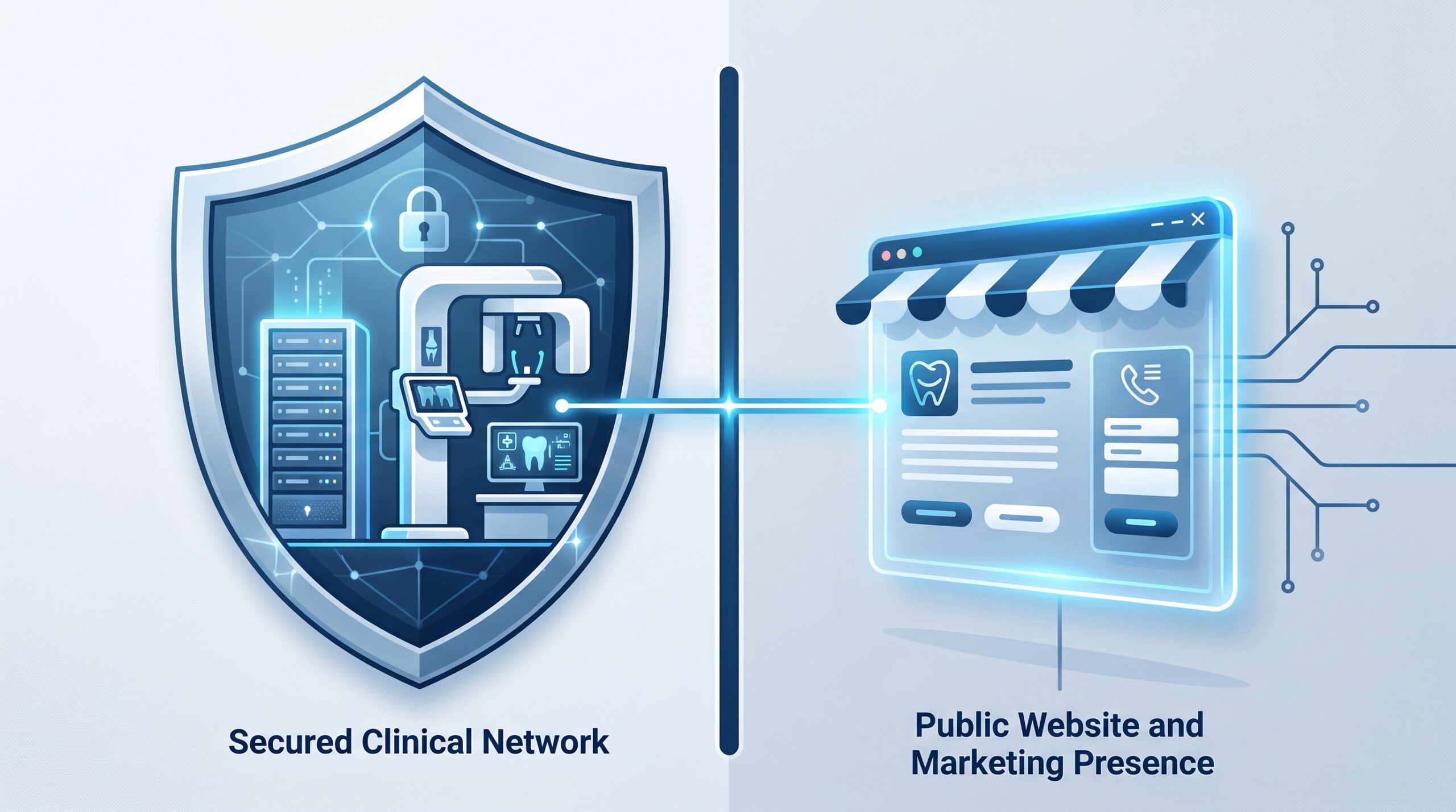 A dental practice shown as a protected clinical network beside an exposed public website connected by the shared brand