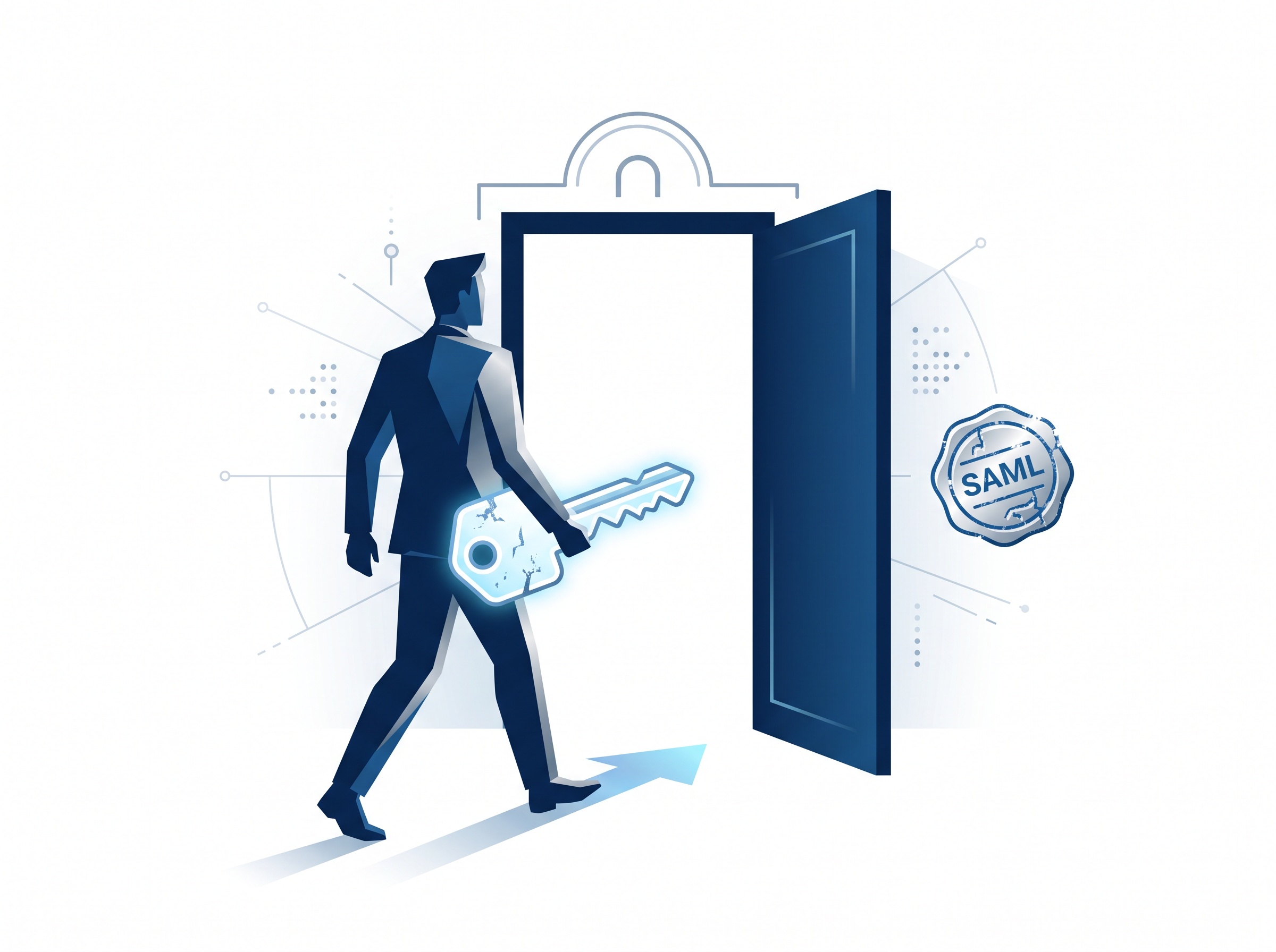 A silhouette using a forged key to walk through an open login door, with a counterfeit single sign-on badge beside it