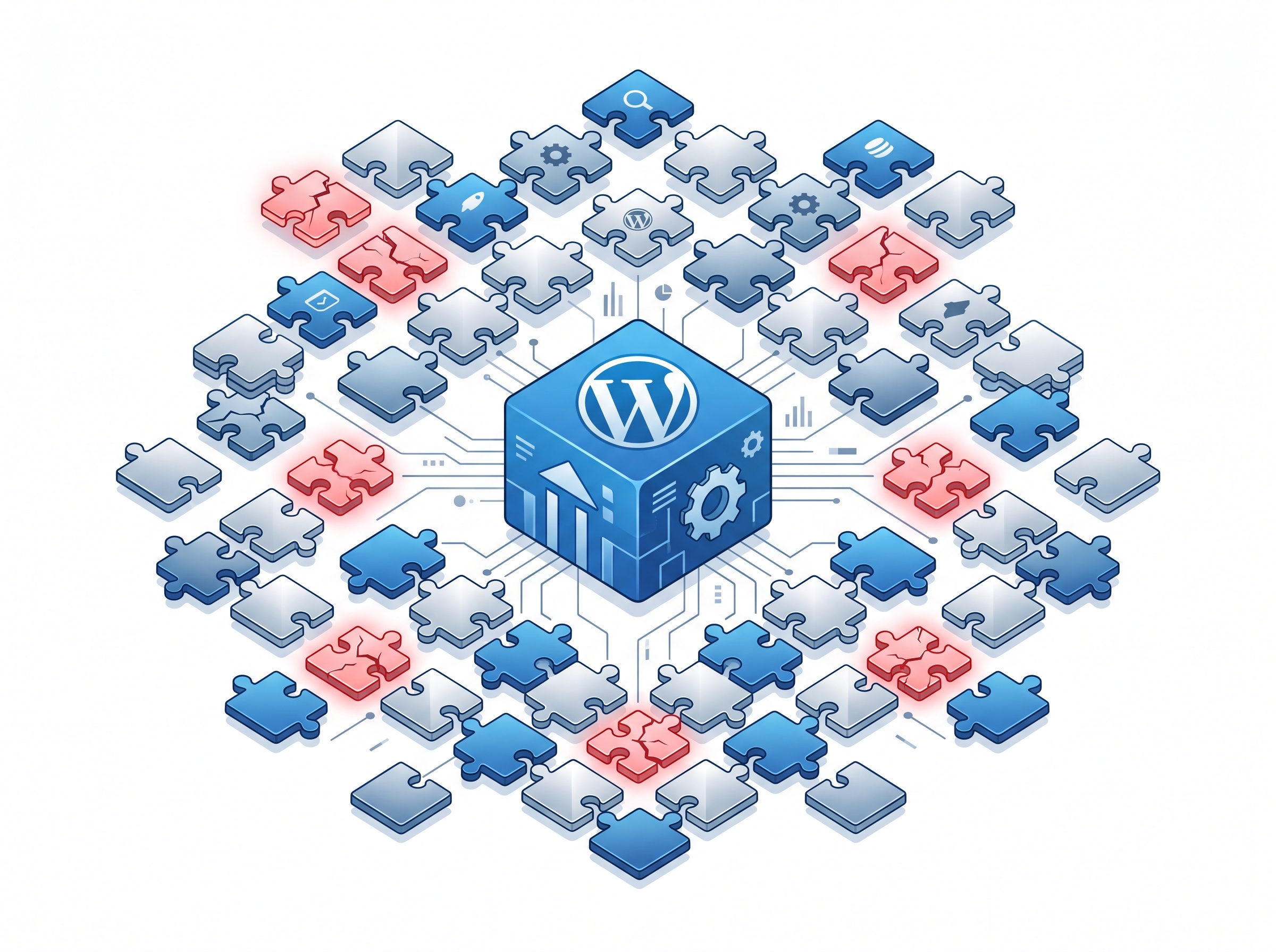 A website core surrounded by many plugin tiles, several of them cracked and outdated