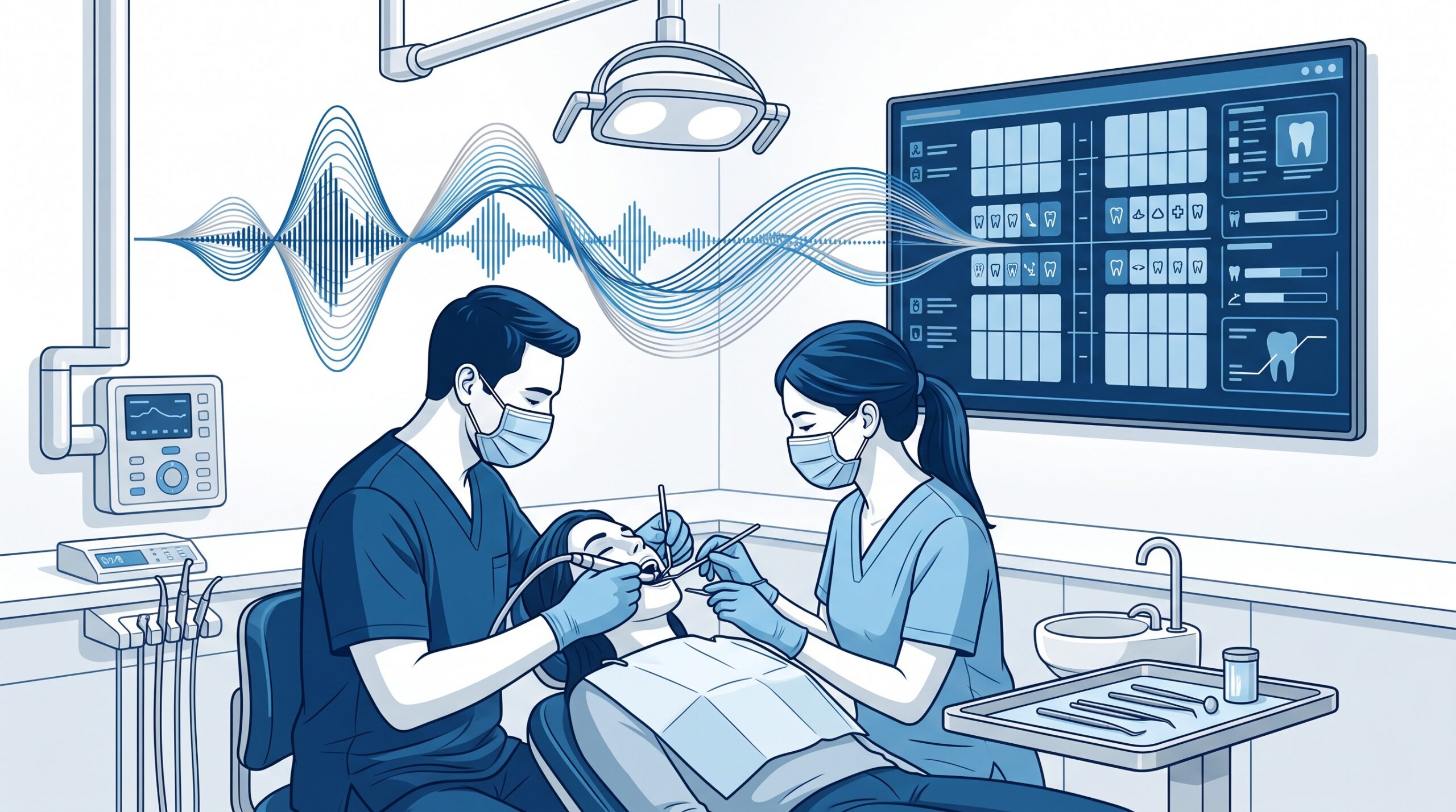 A clinician working chairside while an AI scribe transcribes the conversation into a structured dental chart