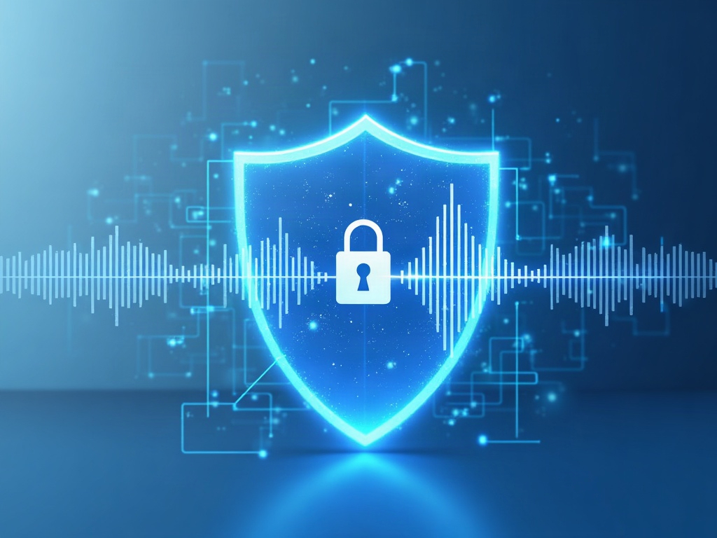 A consultation audio waveform inside a security shield crossing a border line, representing PHI protection and data residency