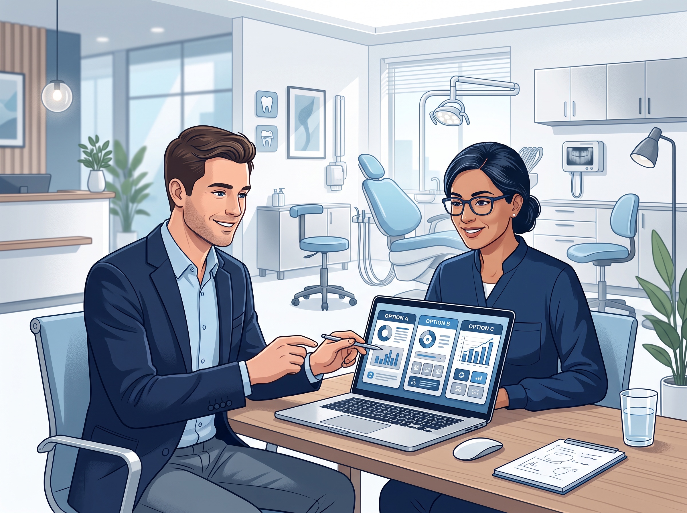 A dental practice owner and an IT consultant comparing AI scribe options on a laptop