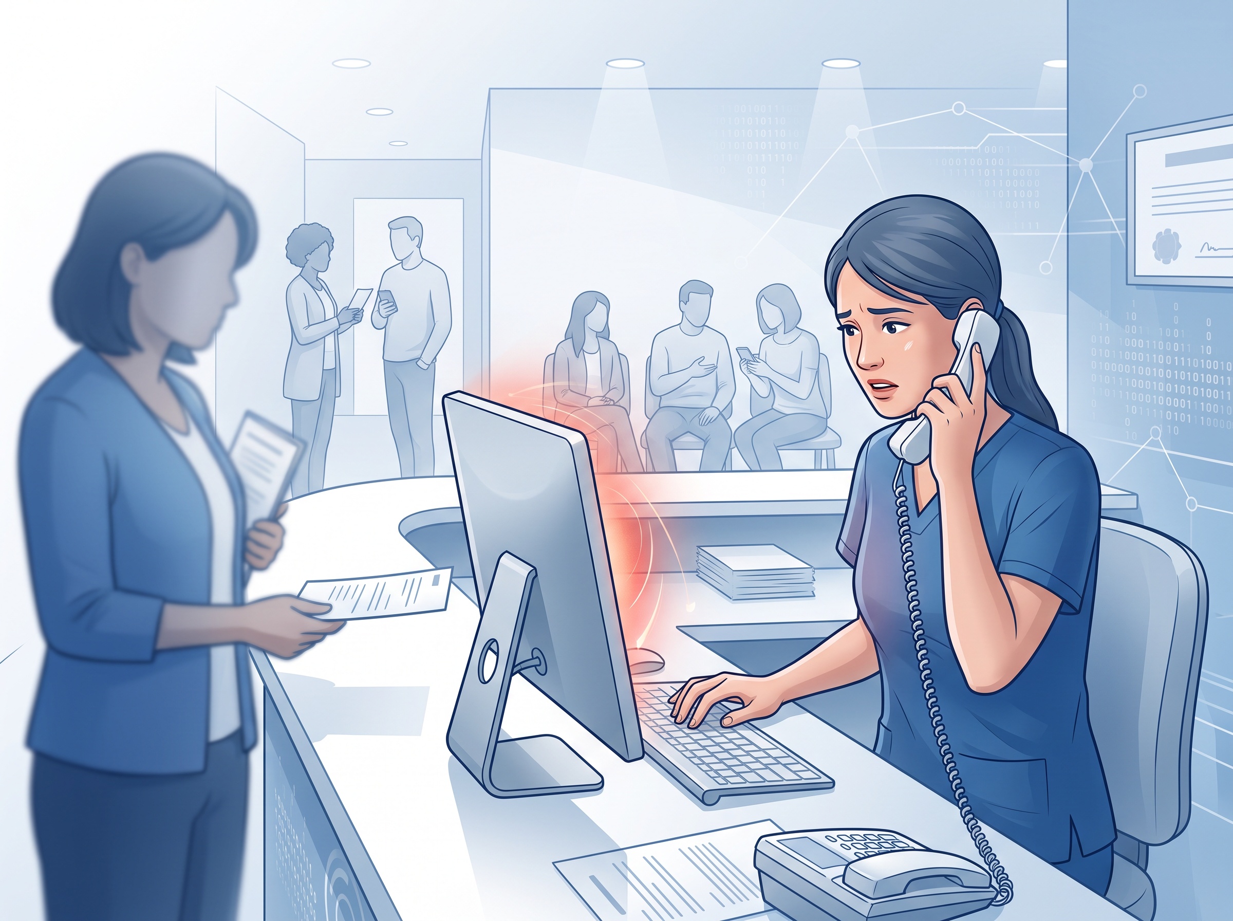 A busy dental front desk where a receptionist checks email while managing patient flow
