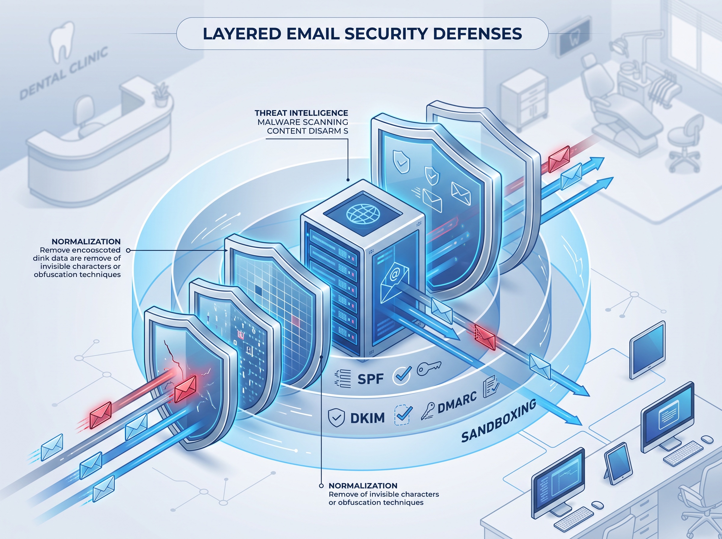 Layered email security shields around a practice mail server, including a layer that normalizes hidden characters