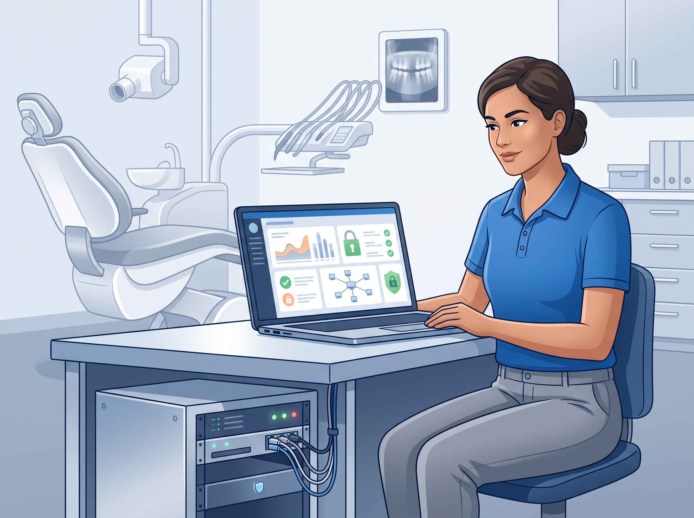 An IT technician reviewing a security dashboard for a managed dental practice network