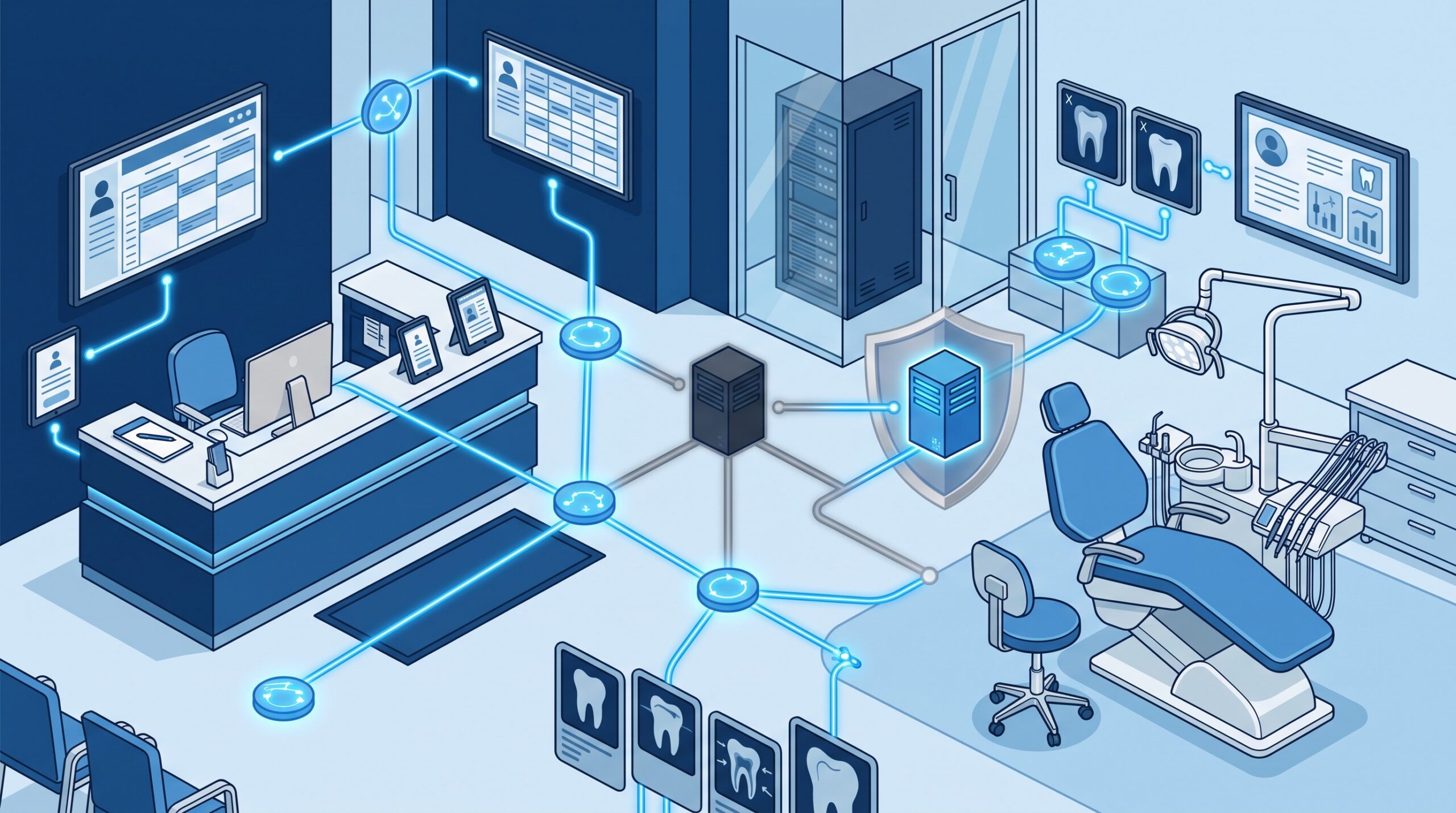 A digital dental practice shown as a network of connected systems with one central node gone dark, while a backup node and protective shield stand ready to restore service, illustrating a downtime and continuity plan