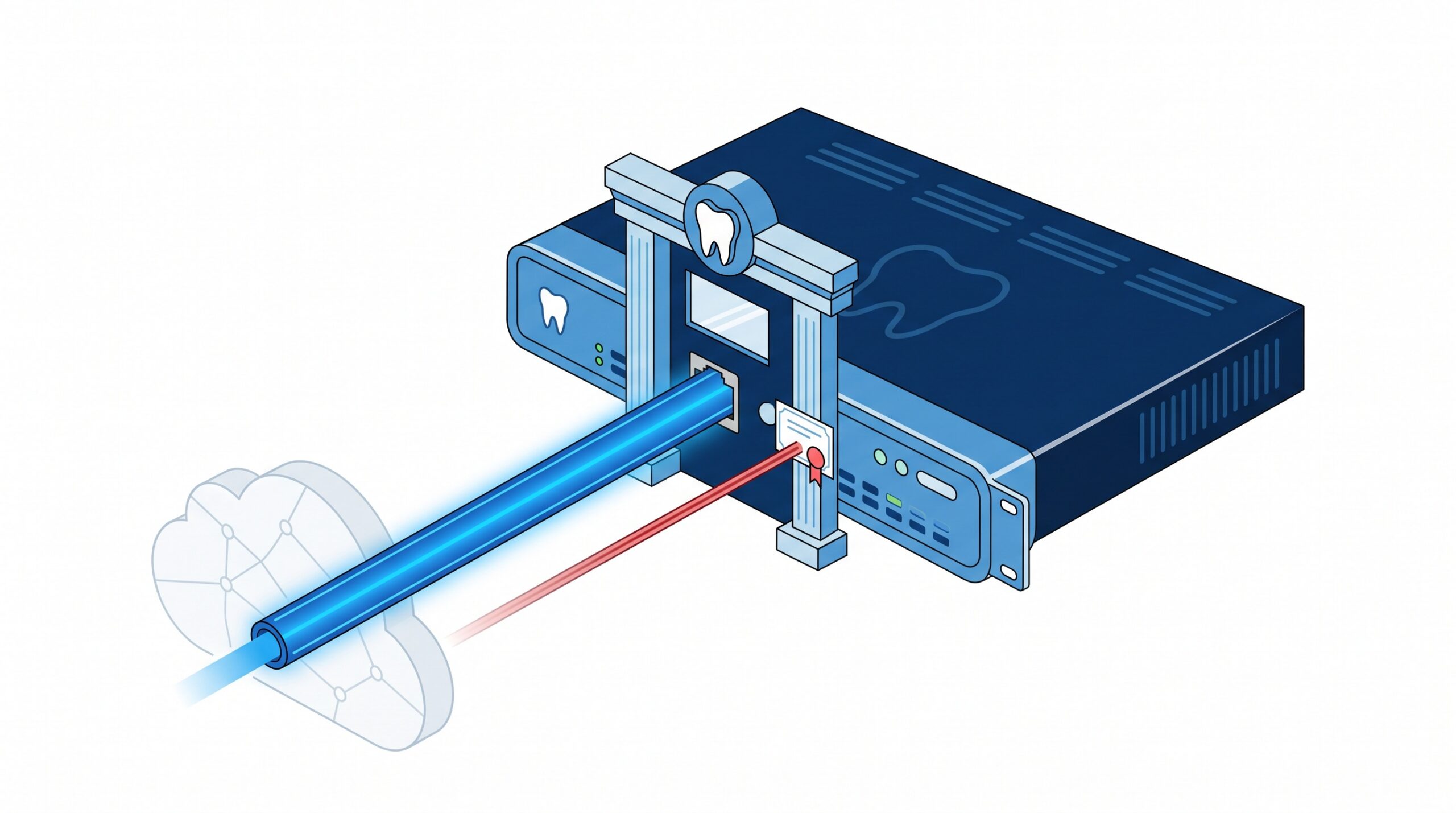 A network VPN gateway shown as a guarded front door with an encrypted tunnel entering, while a red intrusion path slips through the certificate check without any key, illustrating unauthenticated remote code execution