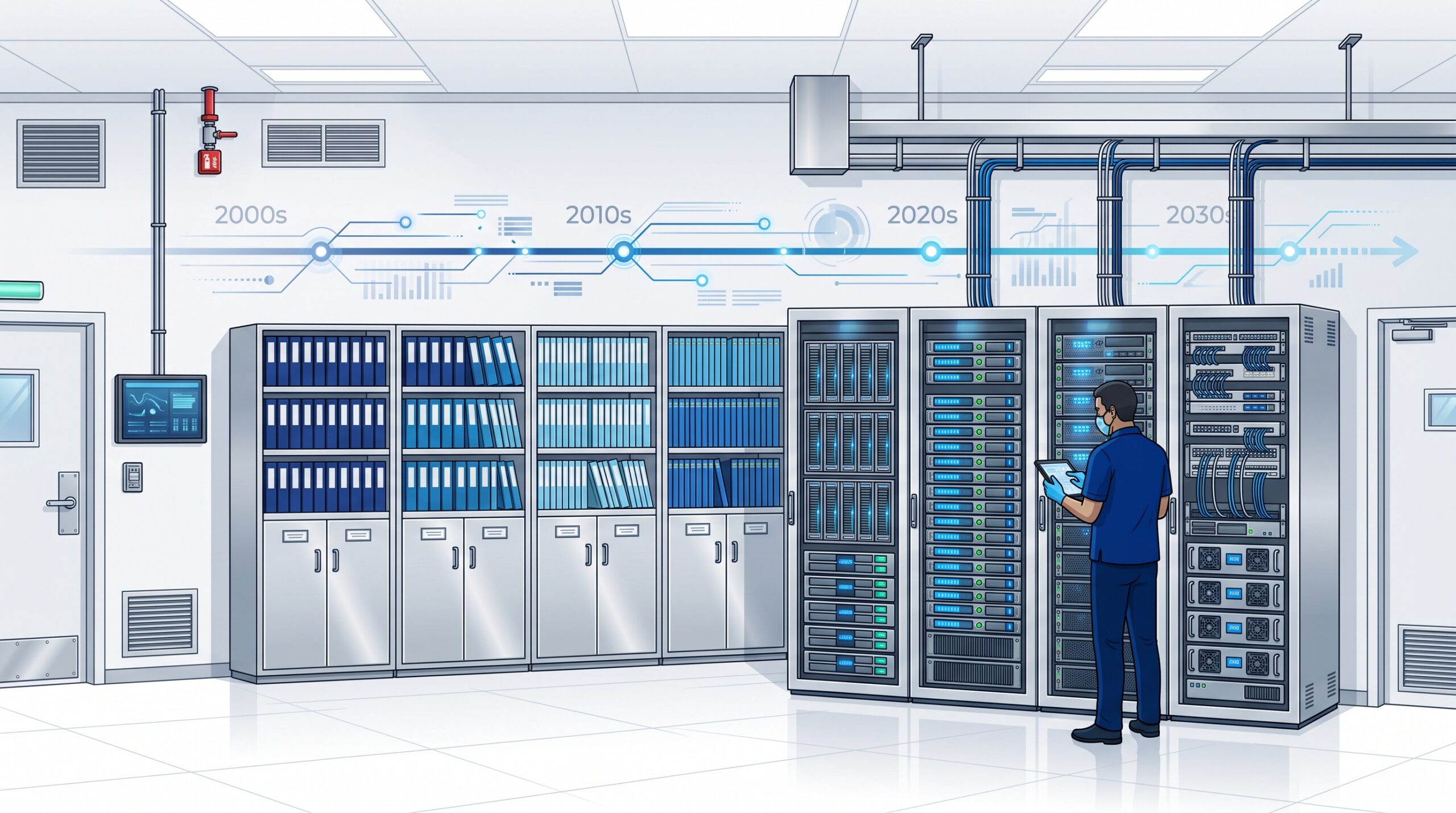 A secure, orderly dental records archive combining physical files and digital storage with a ten-year timeline motif