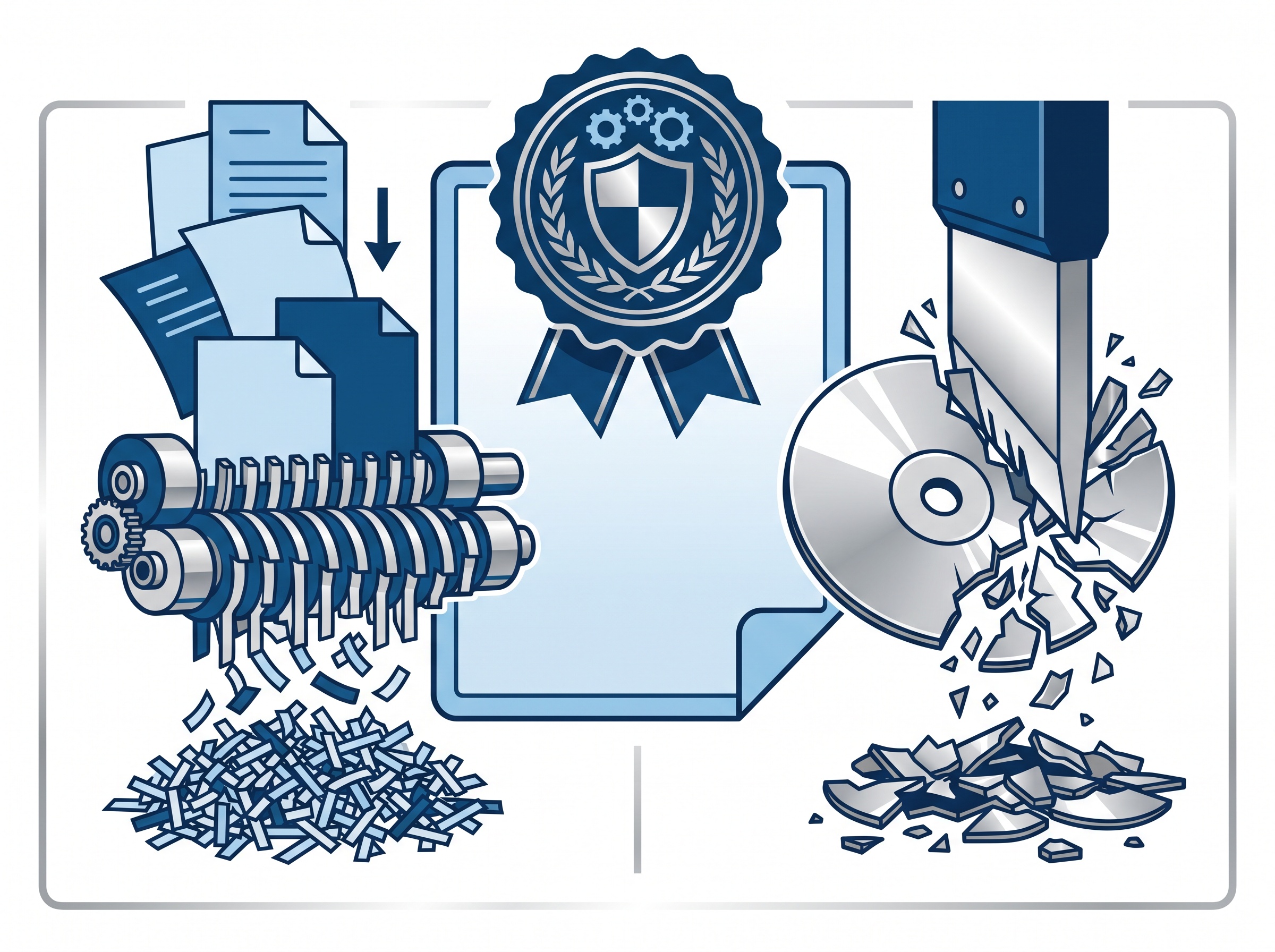 Secure destruction of both paper records and a hard drive, paired with a certificate of destruction motif