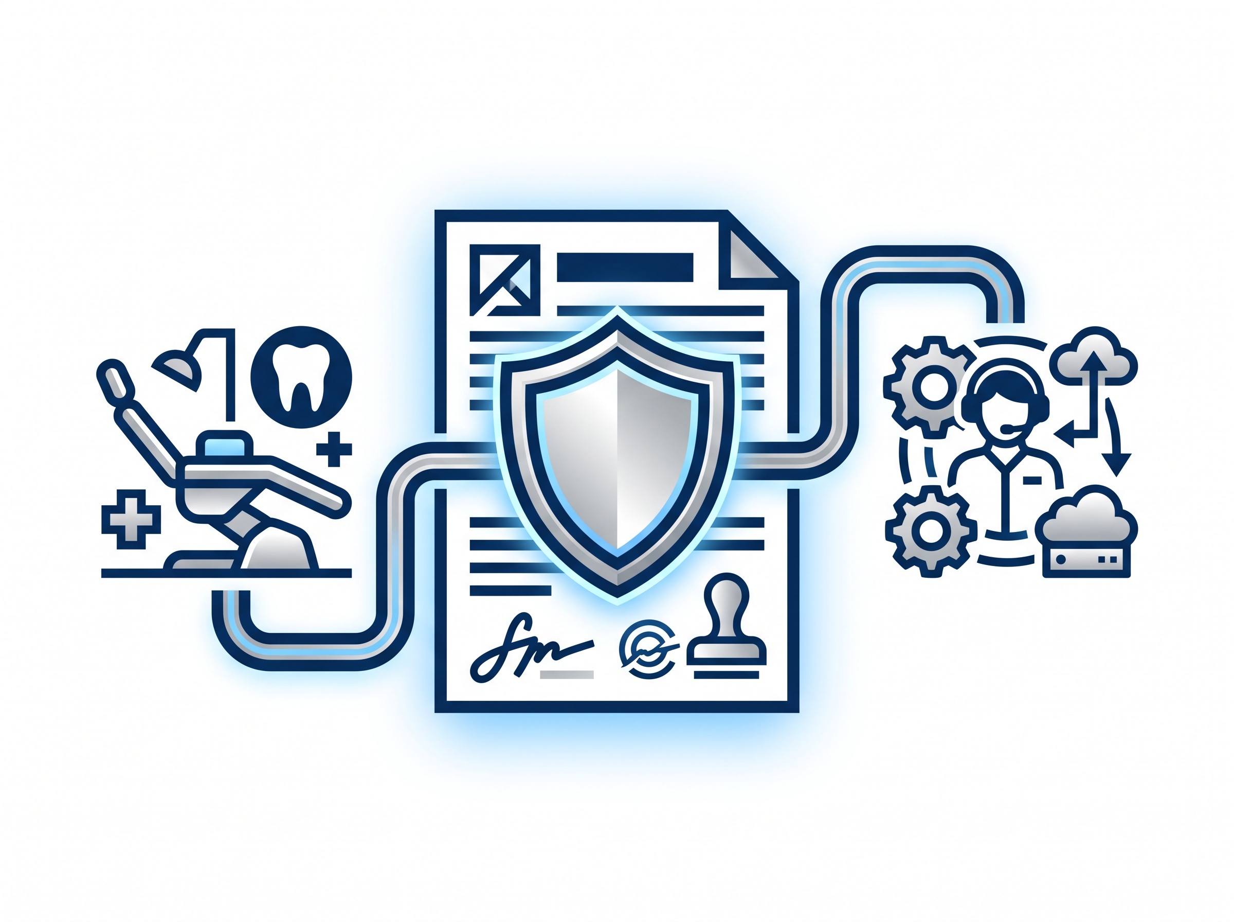 A shielded contract document linking a dental office to an outsourced vendor, representing a business associate agreement