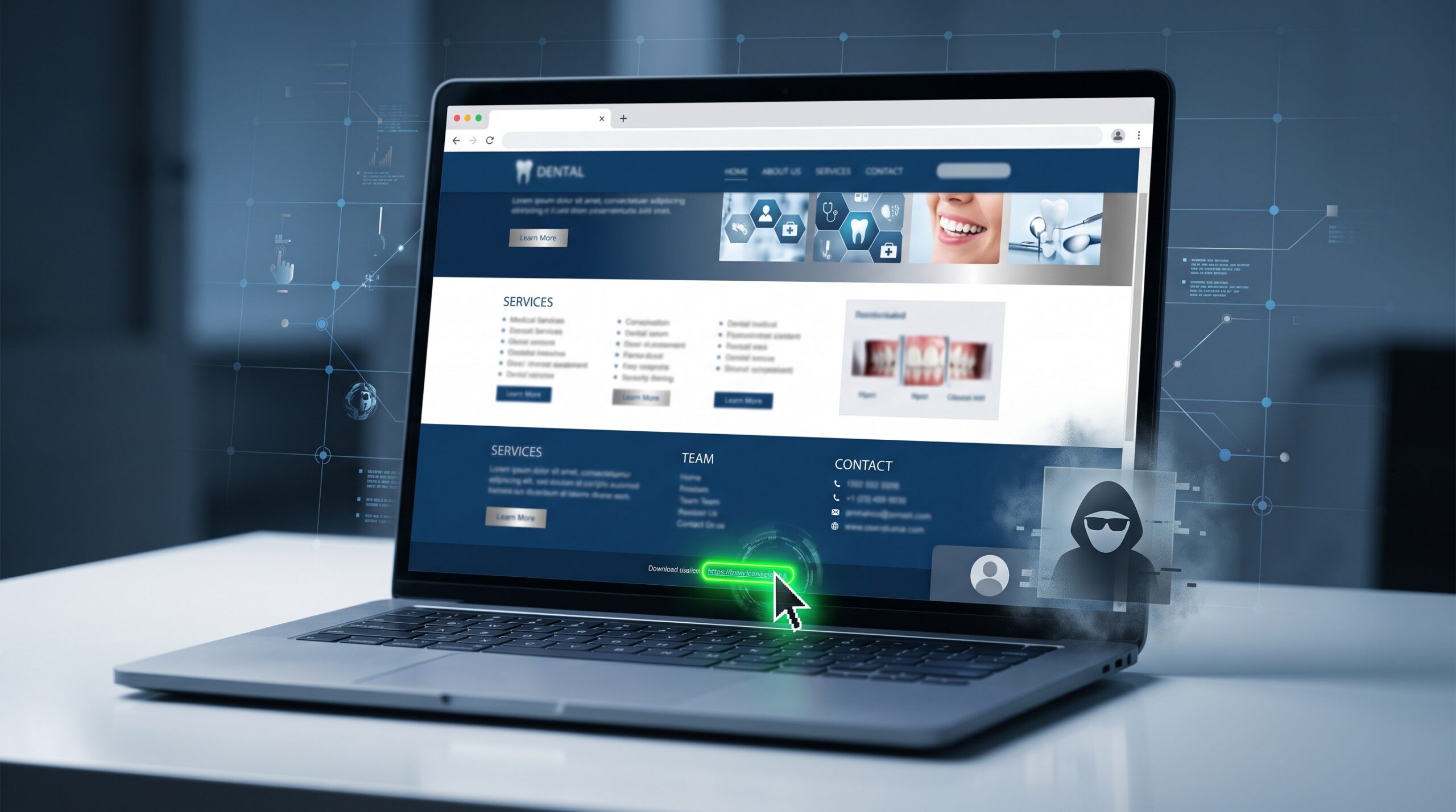 A browser showing a dental practice website with a shadow administrator account appearing after a malicious link is clicked
