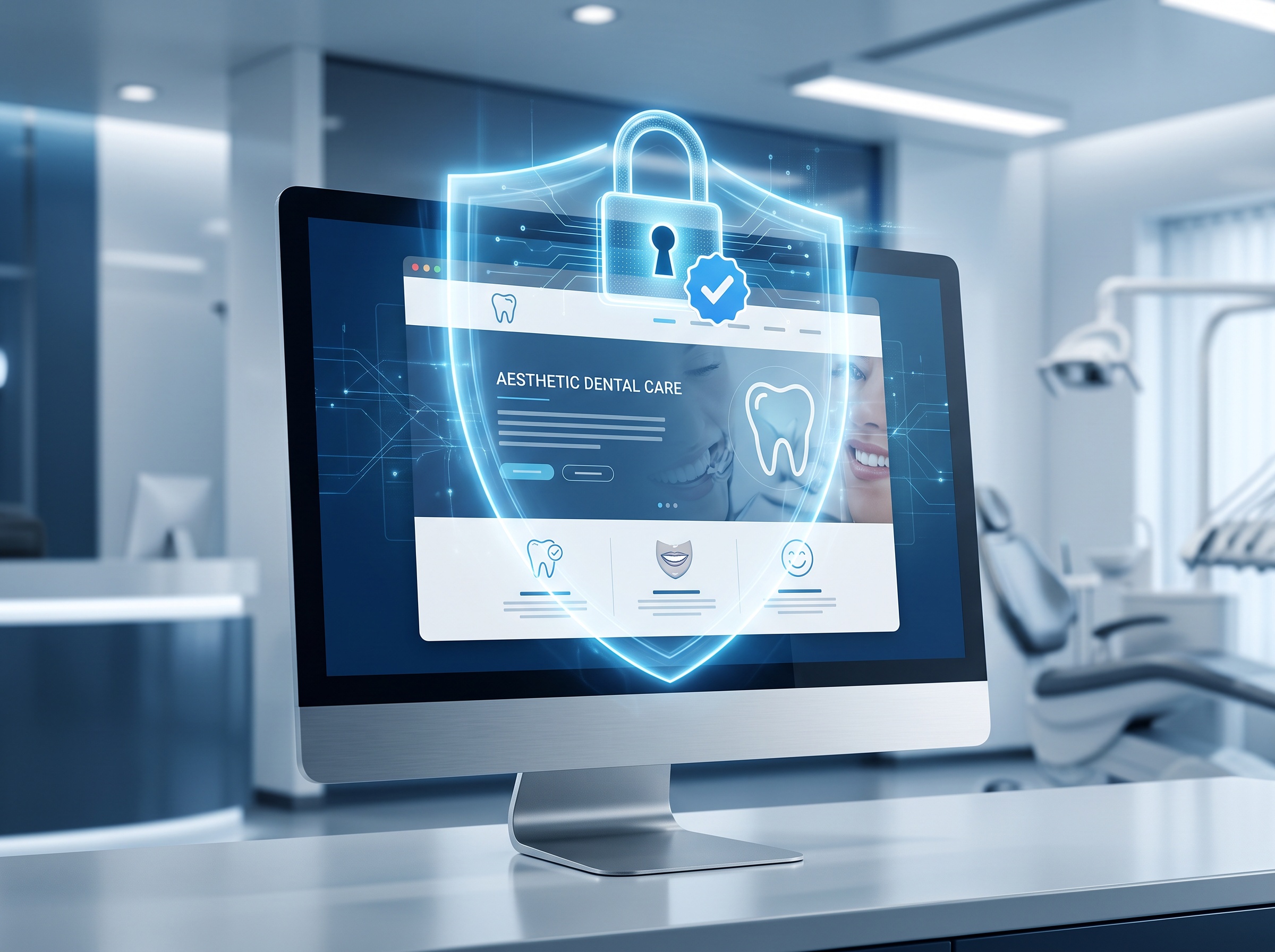 A dental practice website protected by a shield and padlock with a verified-user checkmark