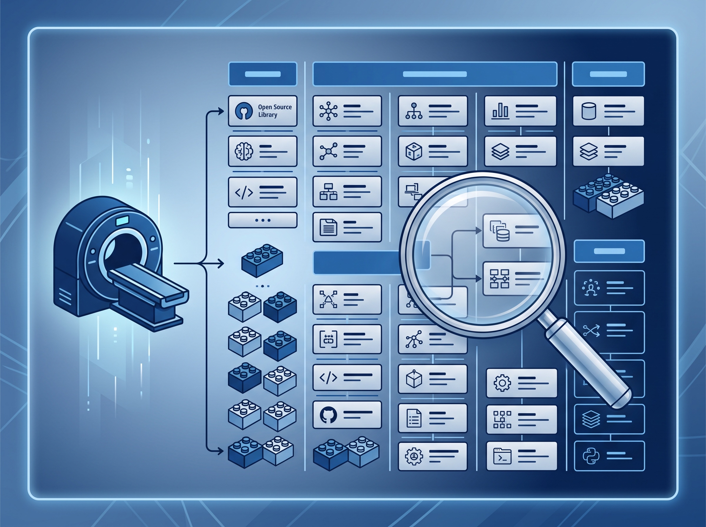 A blue imaging device connected to an orderly exploded diagram of dozens of small software component blocks it is built from, with a magnifying glass over the list, illustrating a Software Bill of Materials that reveals what is inside a device