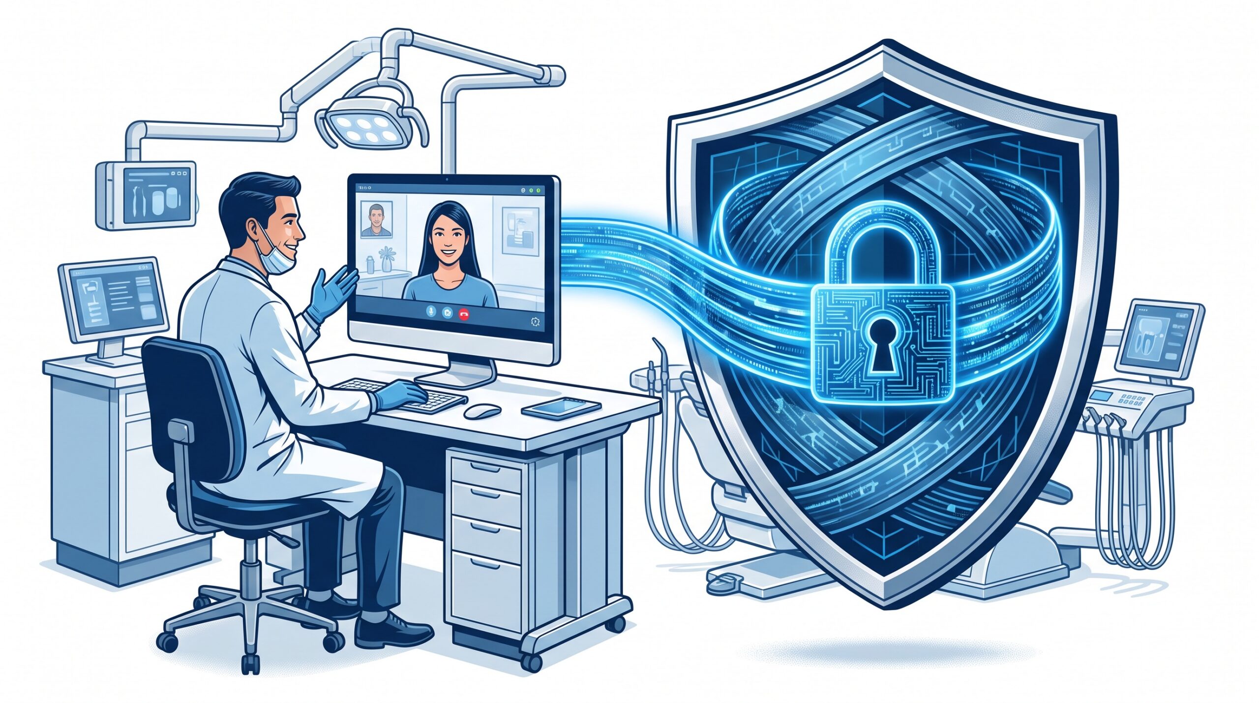 A dentist conducting a secure teledentistry video consultation with a patient on screen, the connection shown as a shielded encrypted channel, illustrating a private virtual dental visit